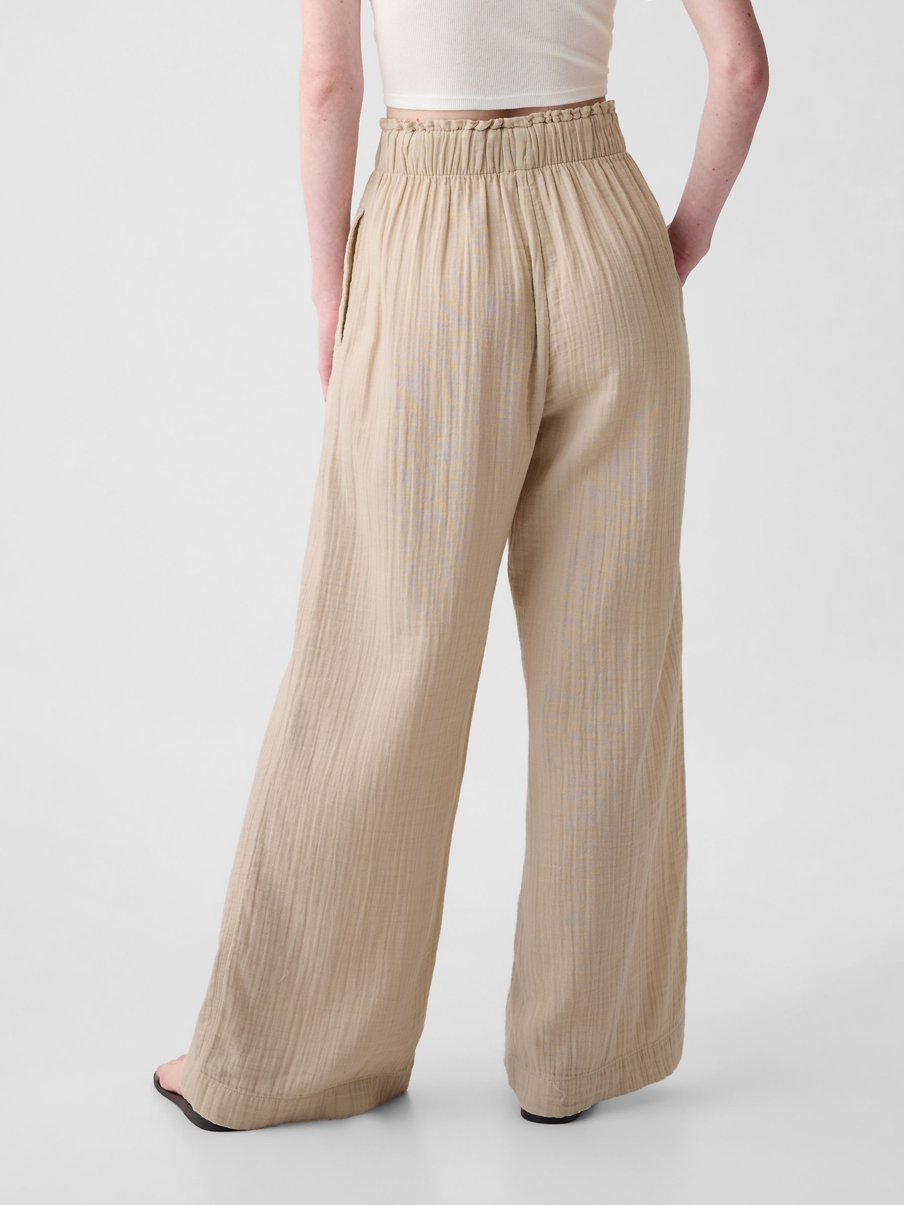 Beige Crinkle Cotton Wide Leg Pull On Trouser - Image 2 of 6