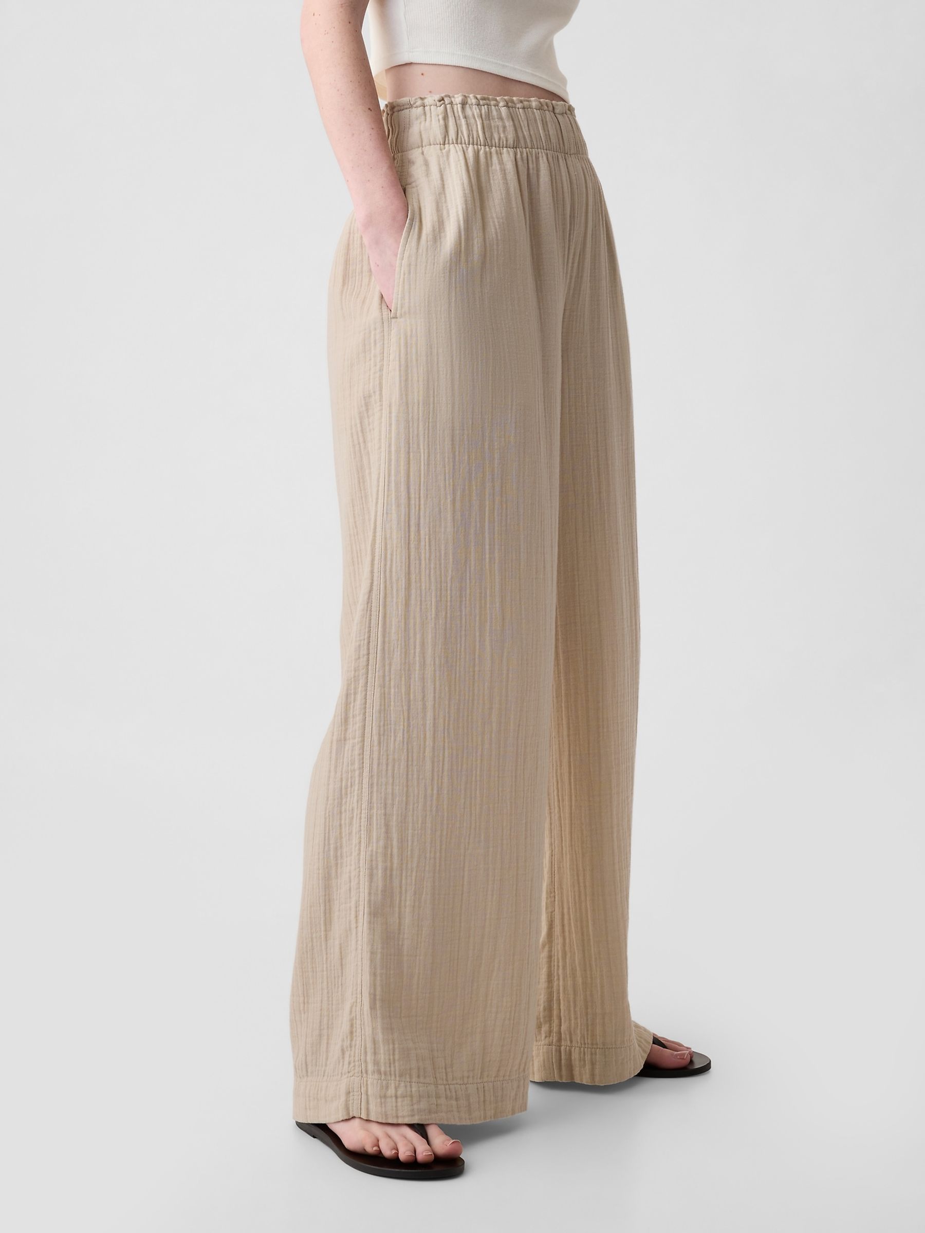 Beige Crinkle Cotton Wide Leg Pull On Trouser - Image 3 of 6
