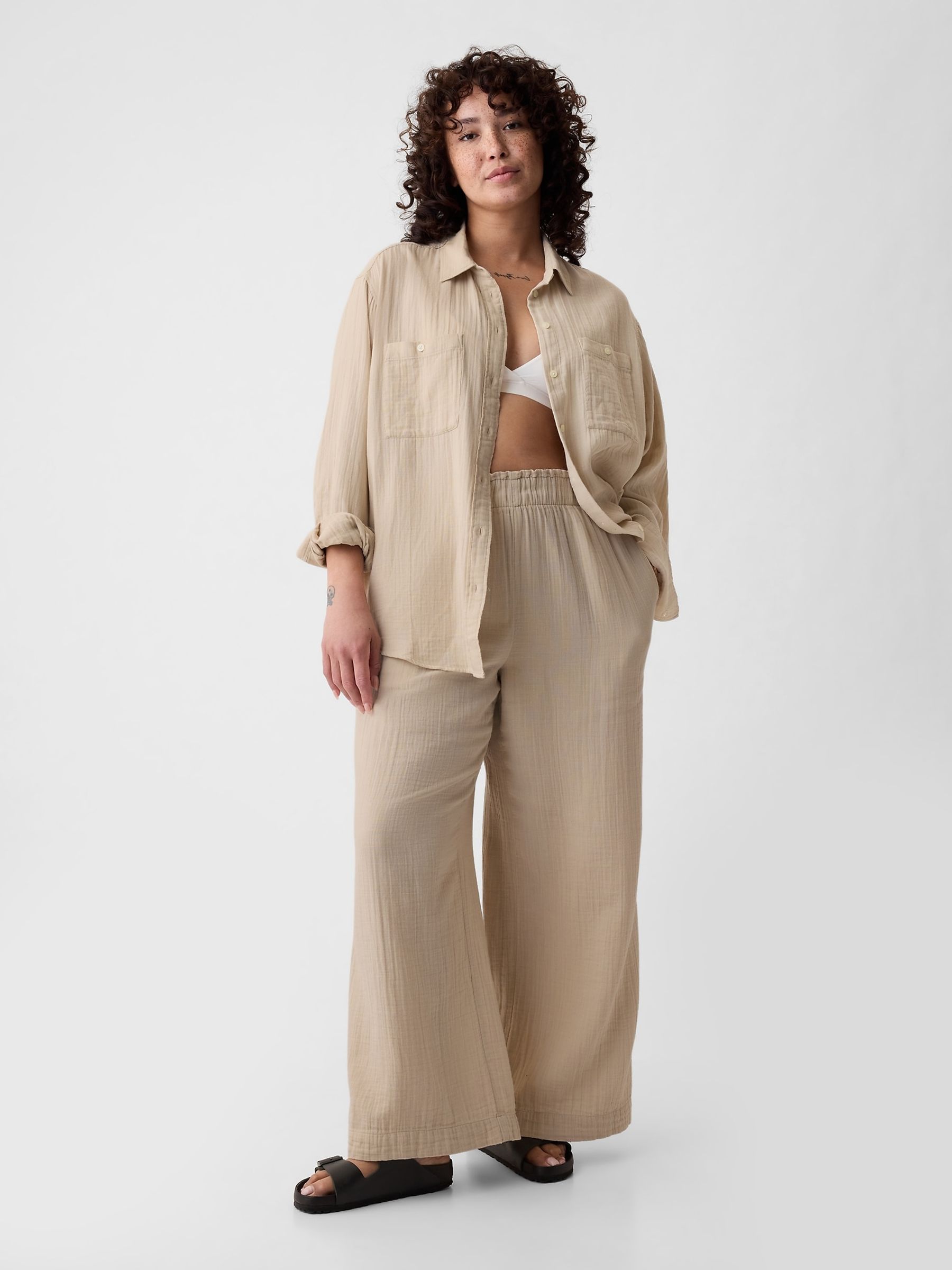 Beige Crinkle Cotton Wide Leg Pull On Trouser - Image 4 of 6