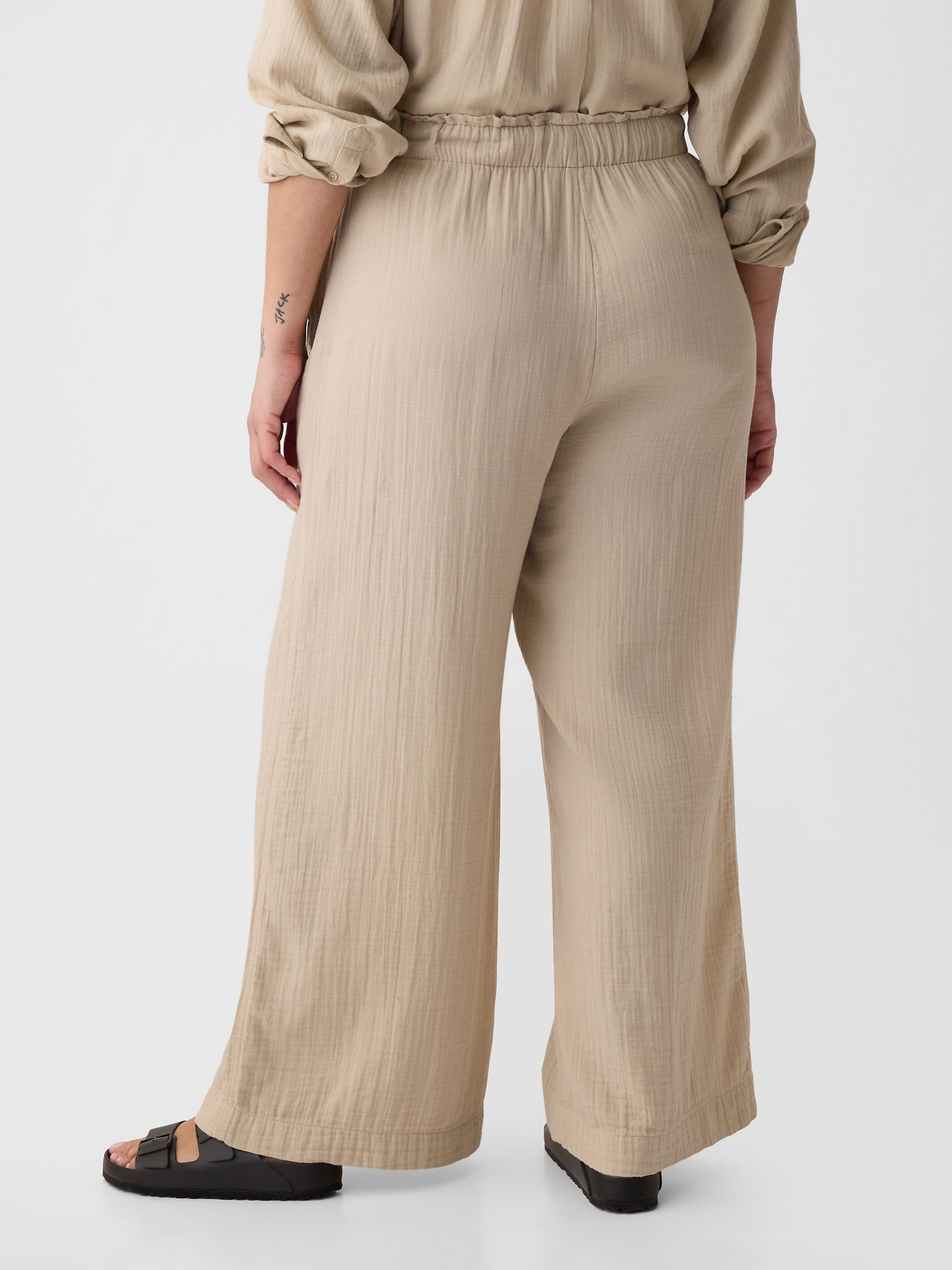 Beige Crinkle Cotton Wide Leg Pull On Trouser - Image 5 of 6
