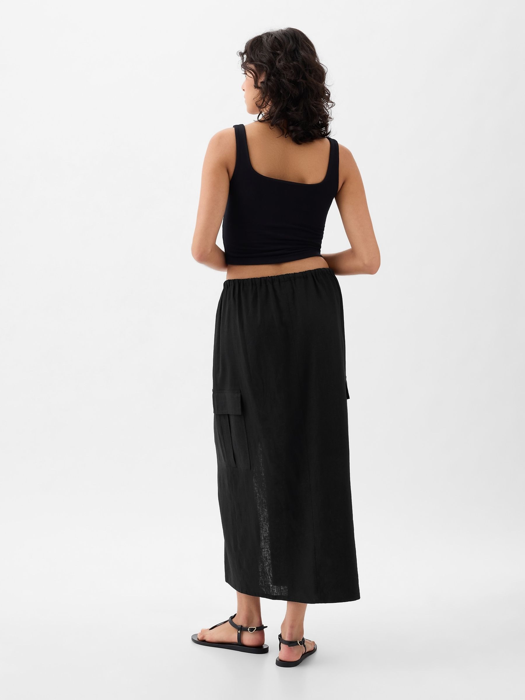 Black Linen Cotton Utility Pocket Midi Skirt - Image 2 of 6