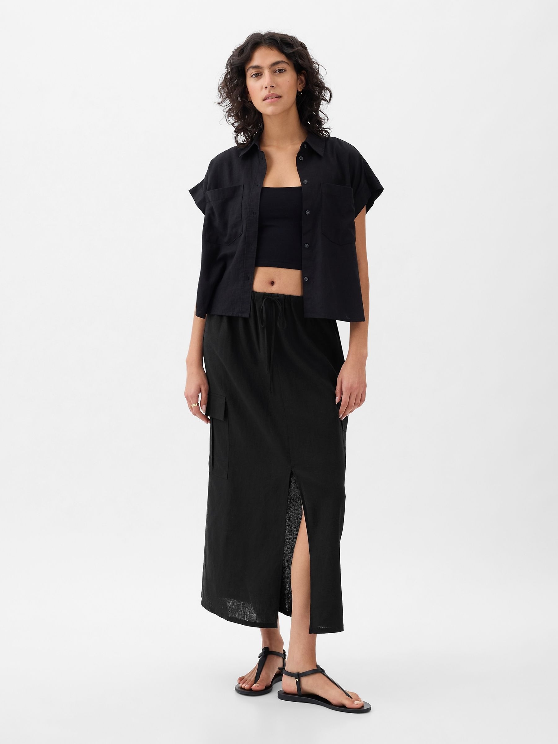 Black Linen Cotton Utility Pocket Midi Skirt - Image 3 of 6