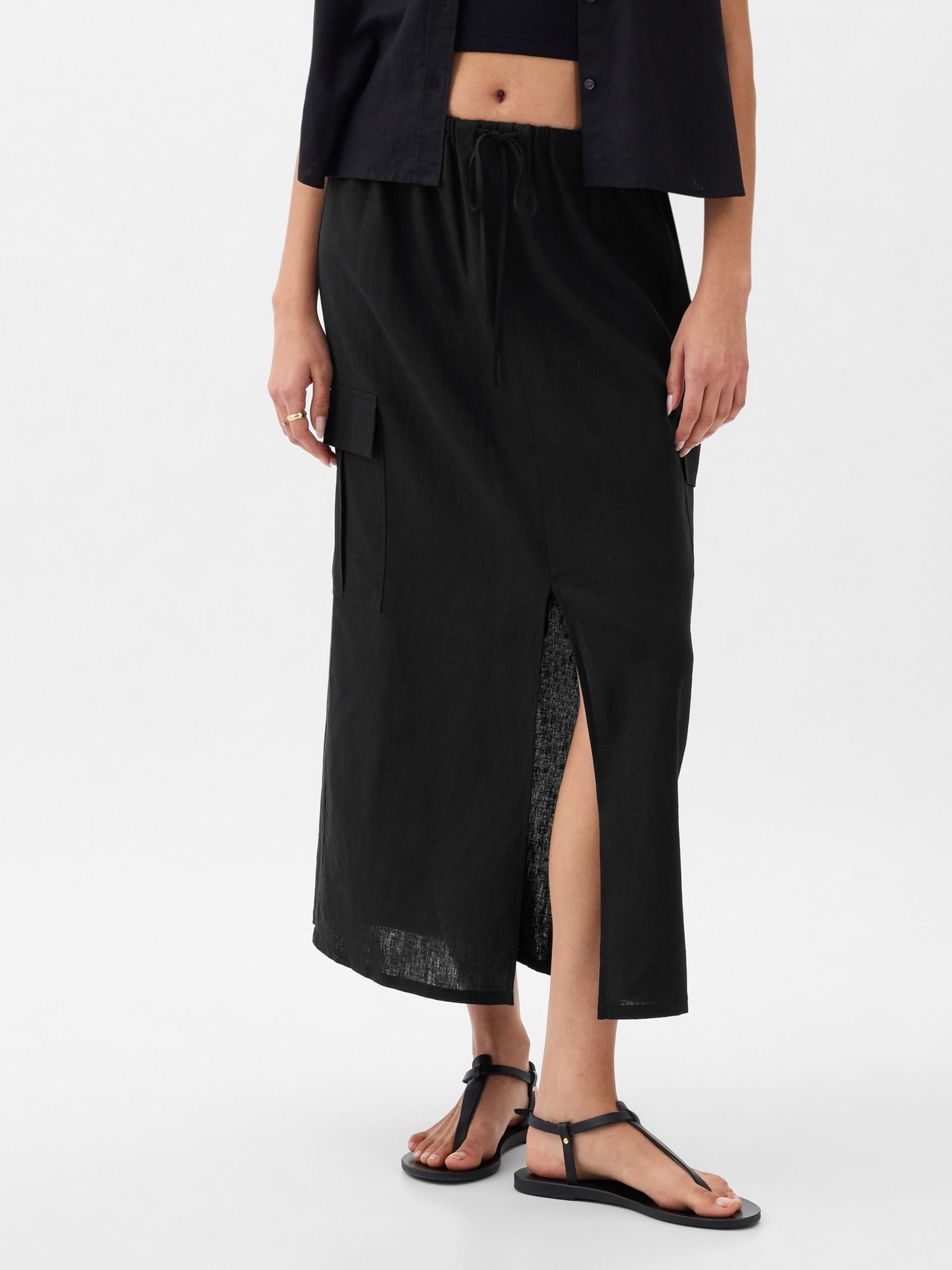 Black Linen Cotton Utility Pocket Midi Skirt - Image 4 of 6