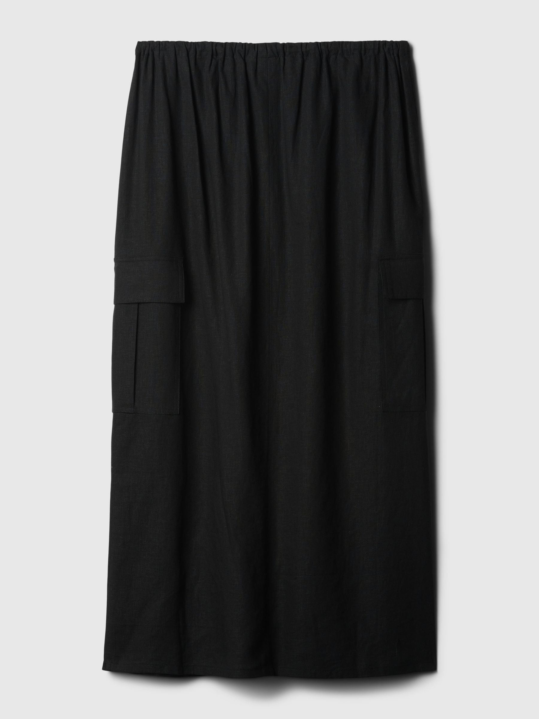 Black Linen Cotton Utility Pocket Midi Skirt - Image 6 of 6