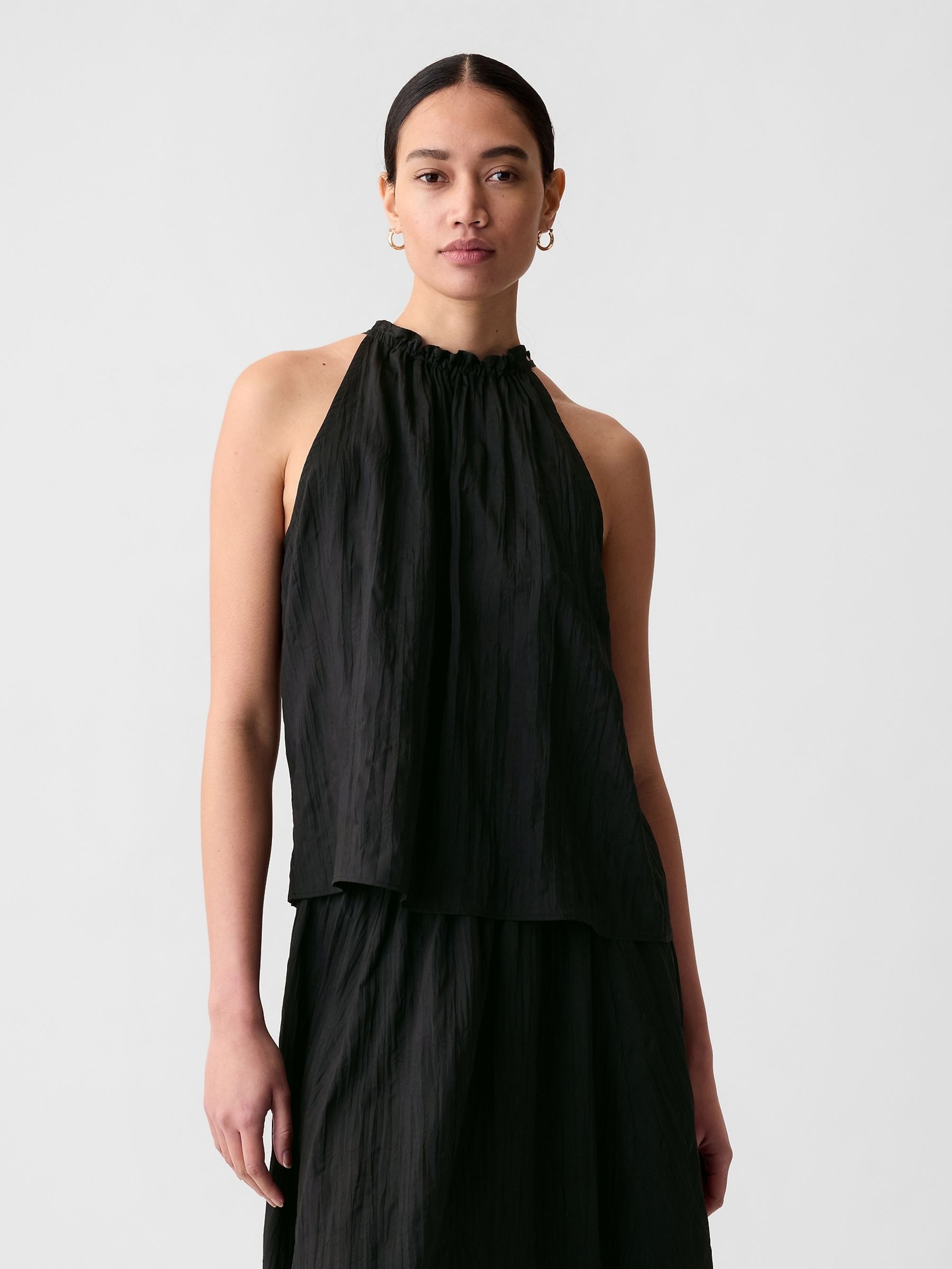 Black Crinkle Sleeveless Halter Top - Image 1 of 4