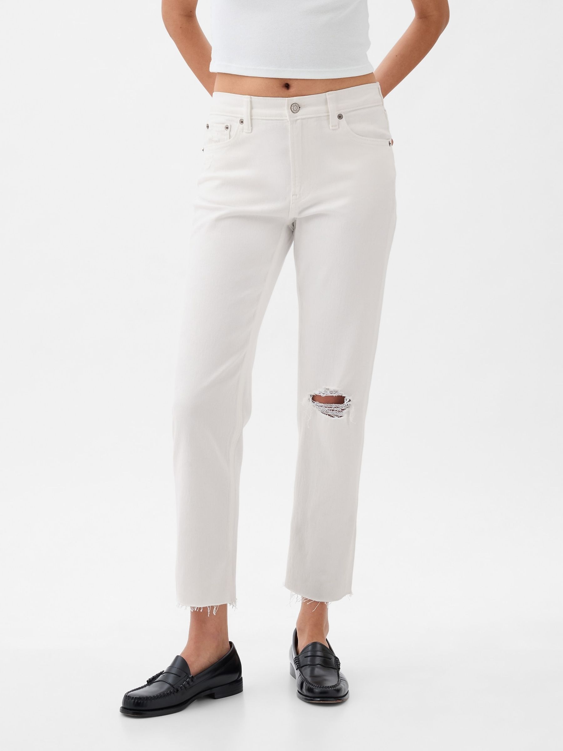 Straight Leg High Waisted White Ankle Jeans White High Waisted