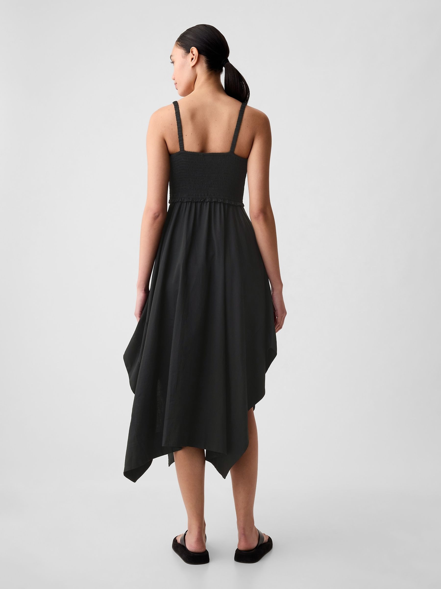 Black Smocked Handkerchief Hem Midi Dress - Image 2 of 3
