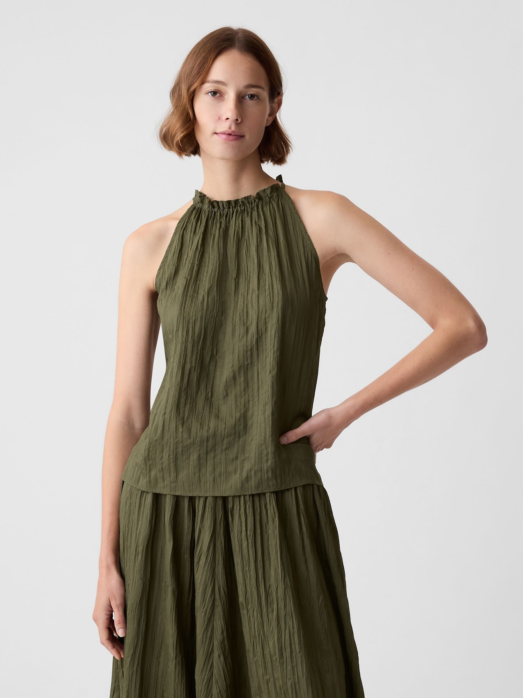 Green Crinkle Sleeveless Halter Top - Image 1 of 8