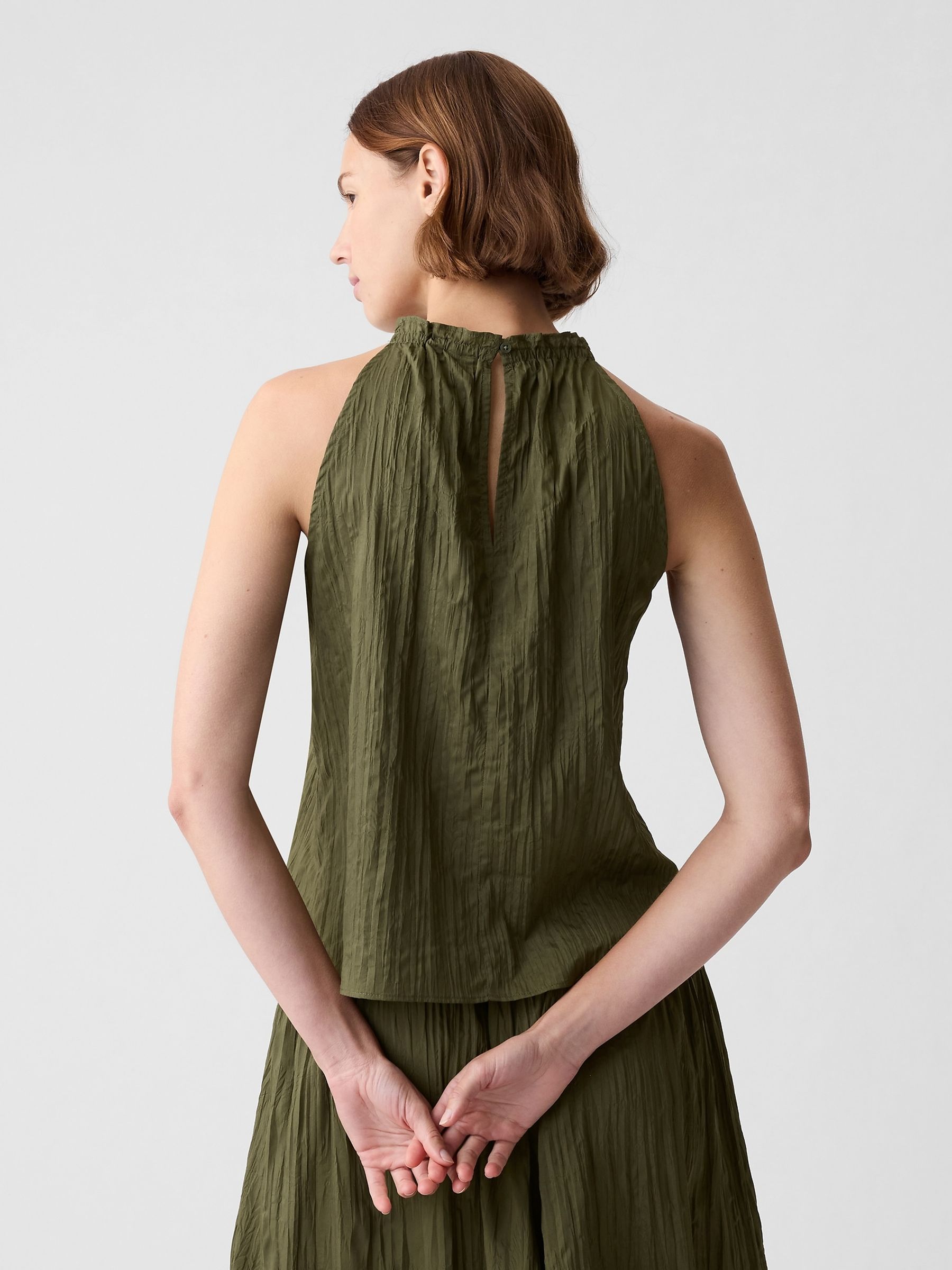 Green Crinkle Sleeveless Halter Top - Image 2 of 8