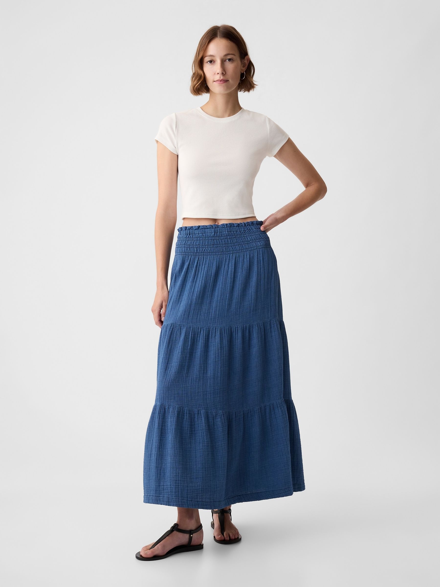 Blue Crinkle Cotton Pull On Maxi Skirt - Image 1 of 3