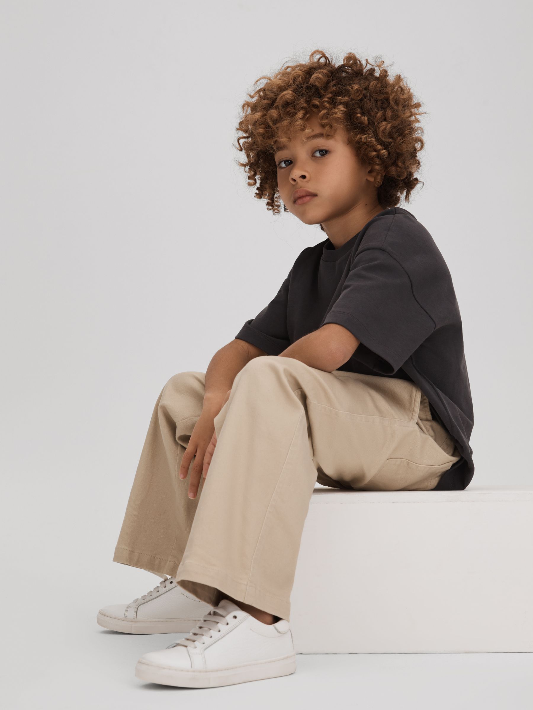 3-9 yrs Elasticated Waist Cotton Blend Trousers in Stone - Image 1 of 4