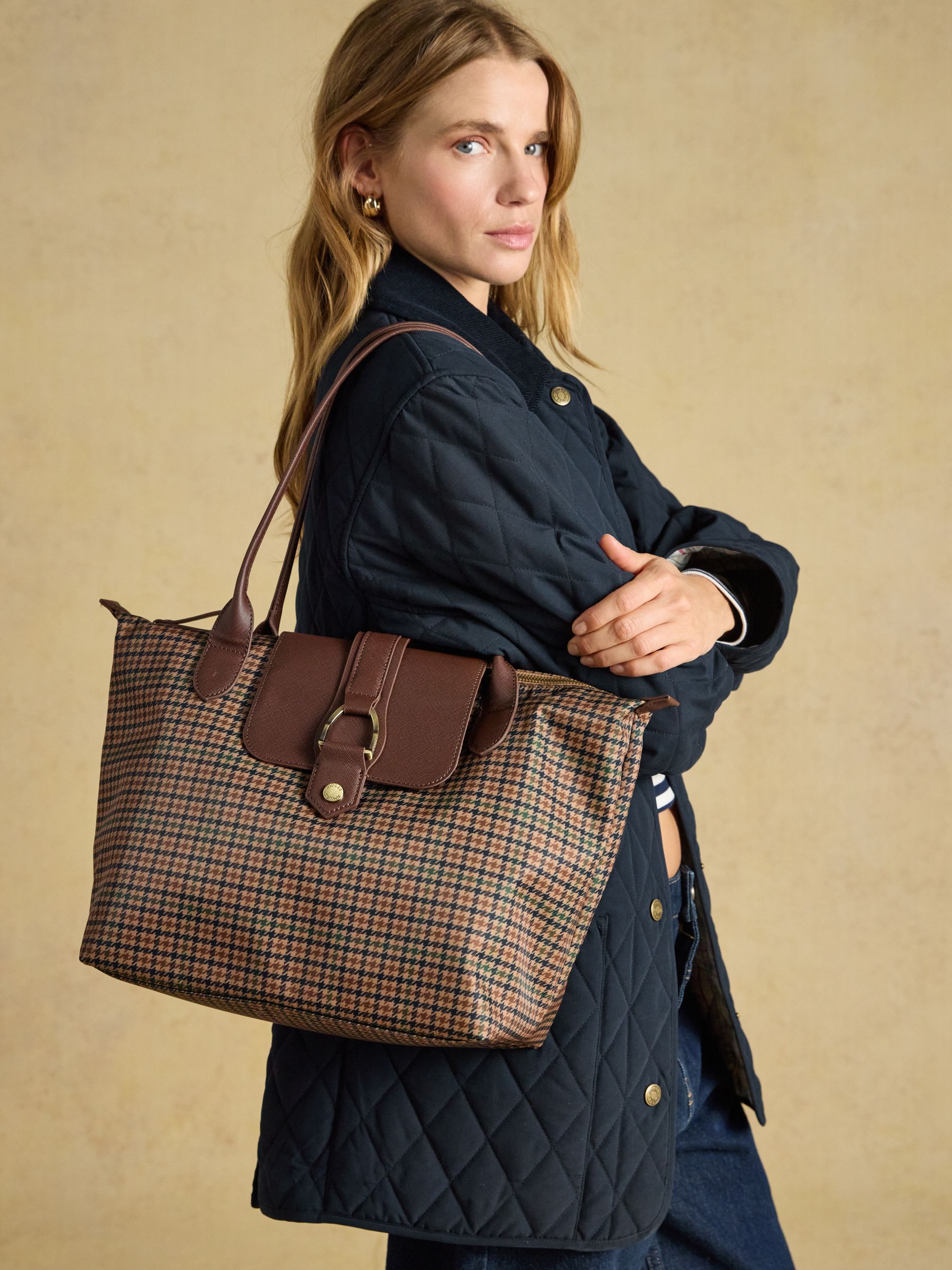 Edie Neutral Check Zip Top Shopper Bag - Image 2 of 9