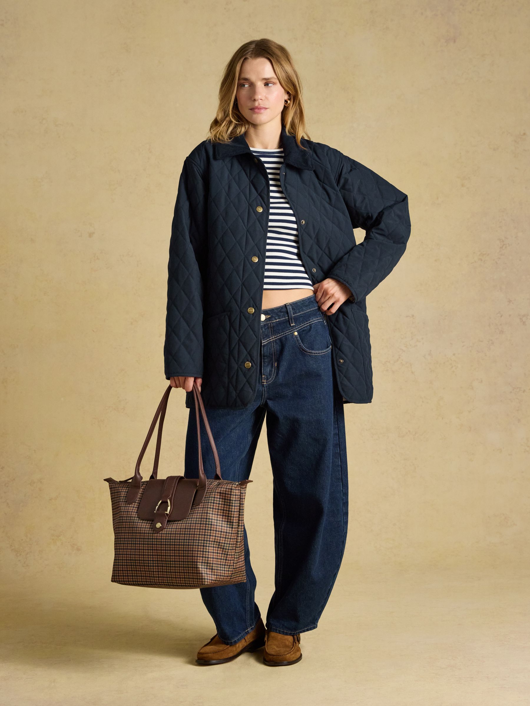 Edie Neutral Check Zip Top Shopper Bag - Image 3 of 9
