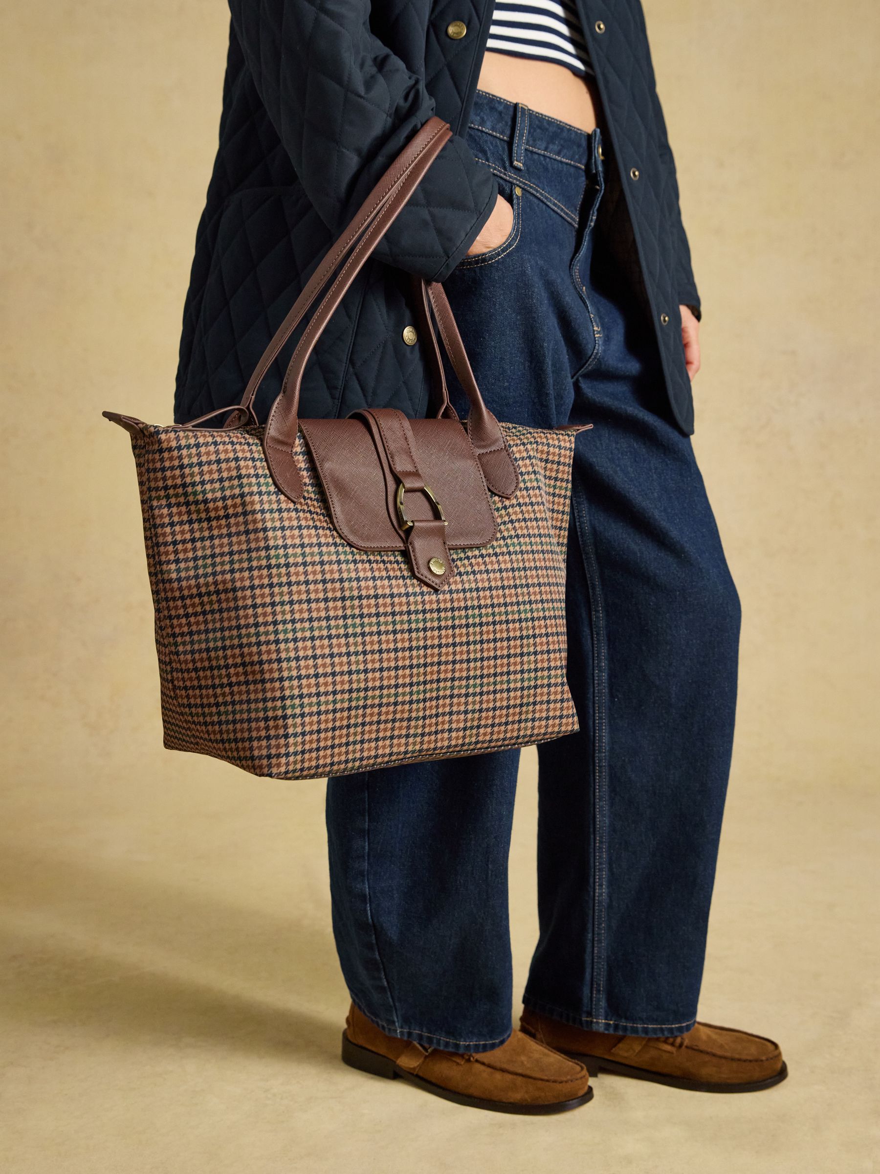 Edie Neutral Check Zip Top Shopper Bag - Image 5 of 9