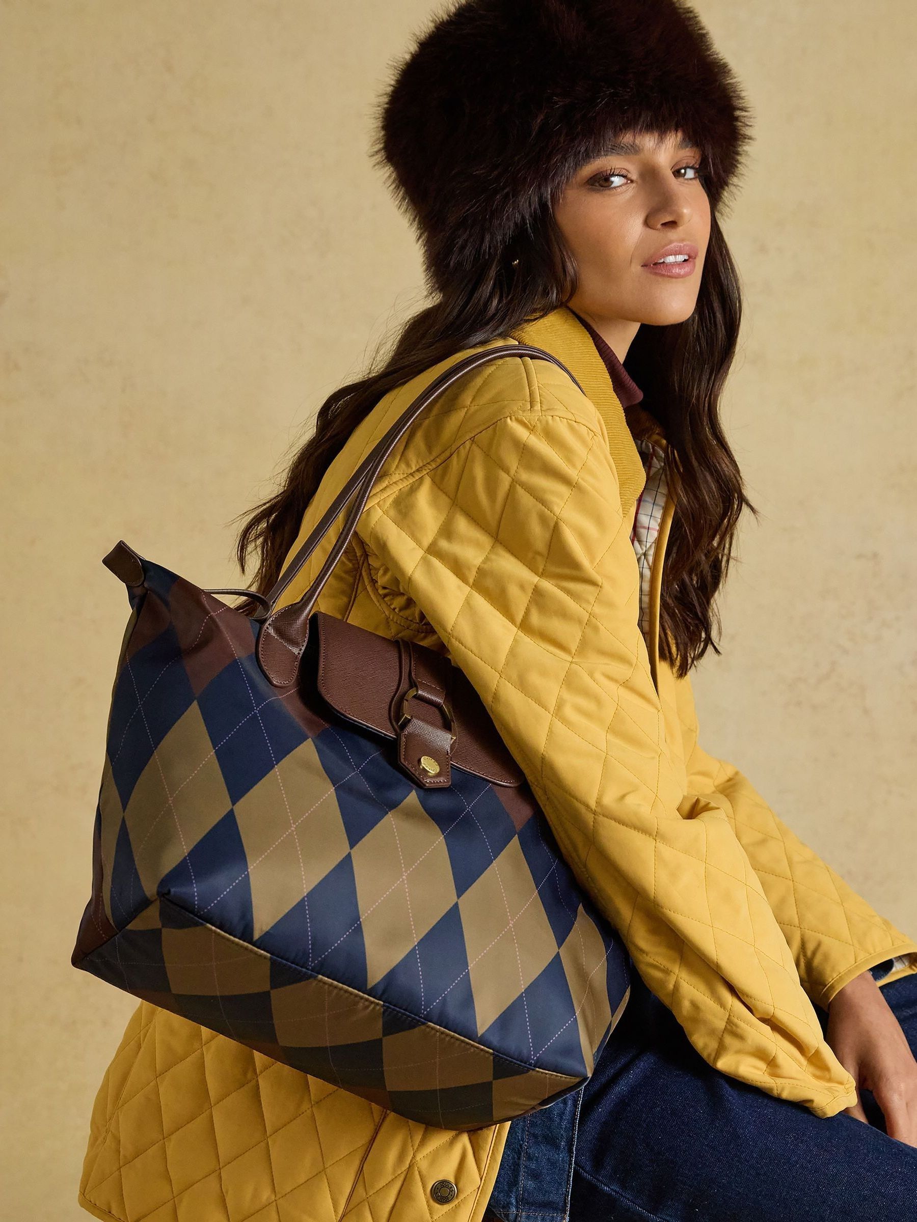 Edie Navy Argyle Zip Top Shopper Bag - Image 2 of 10
