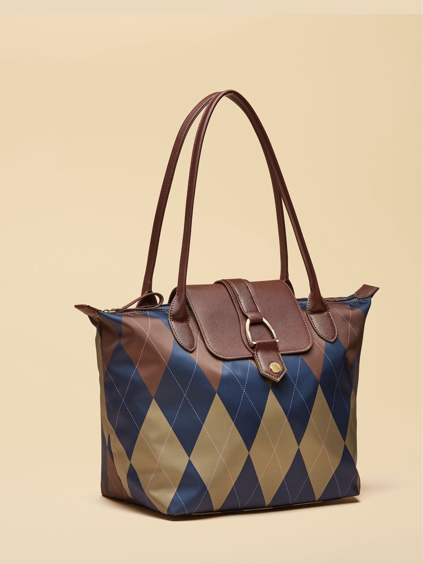 Edie Navy Argyle Zip Top Shopper Bag - Image 5 of 10