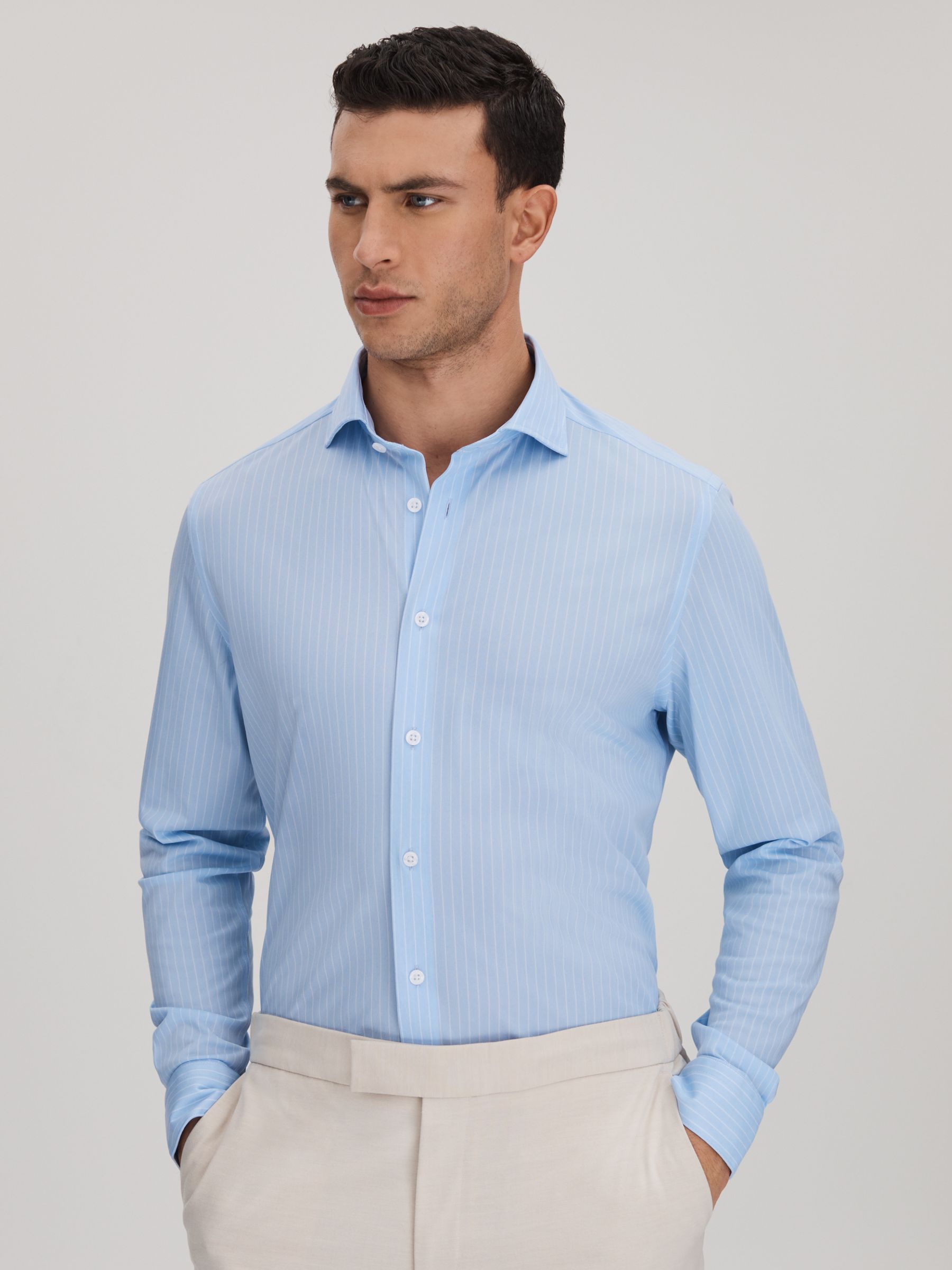 Striped Cotton Blend Shirt in Soft Blue/White - Image 1 of 6