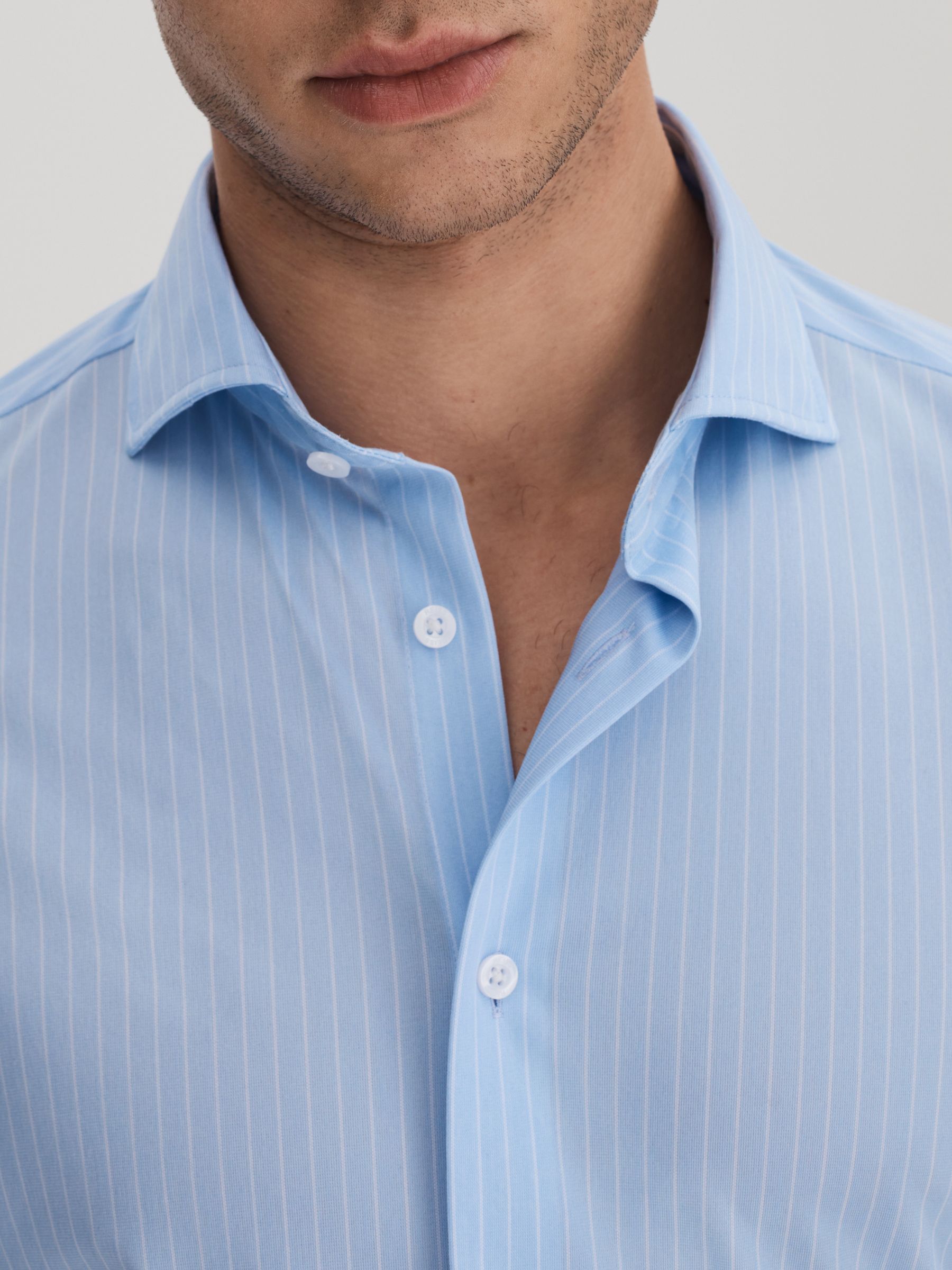 Striped Cotton Blend Shirt in Soft Blue/White - Image 4 of 6