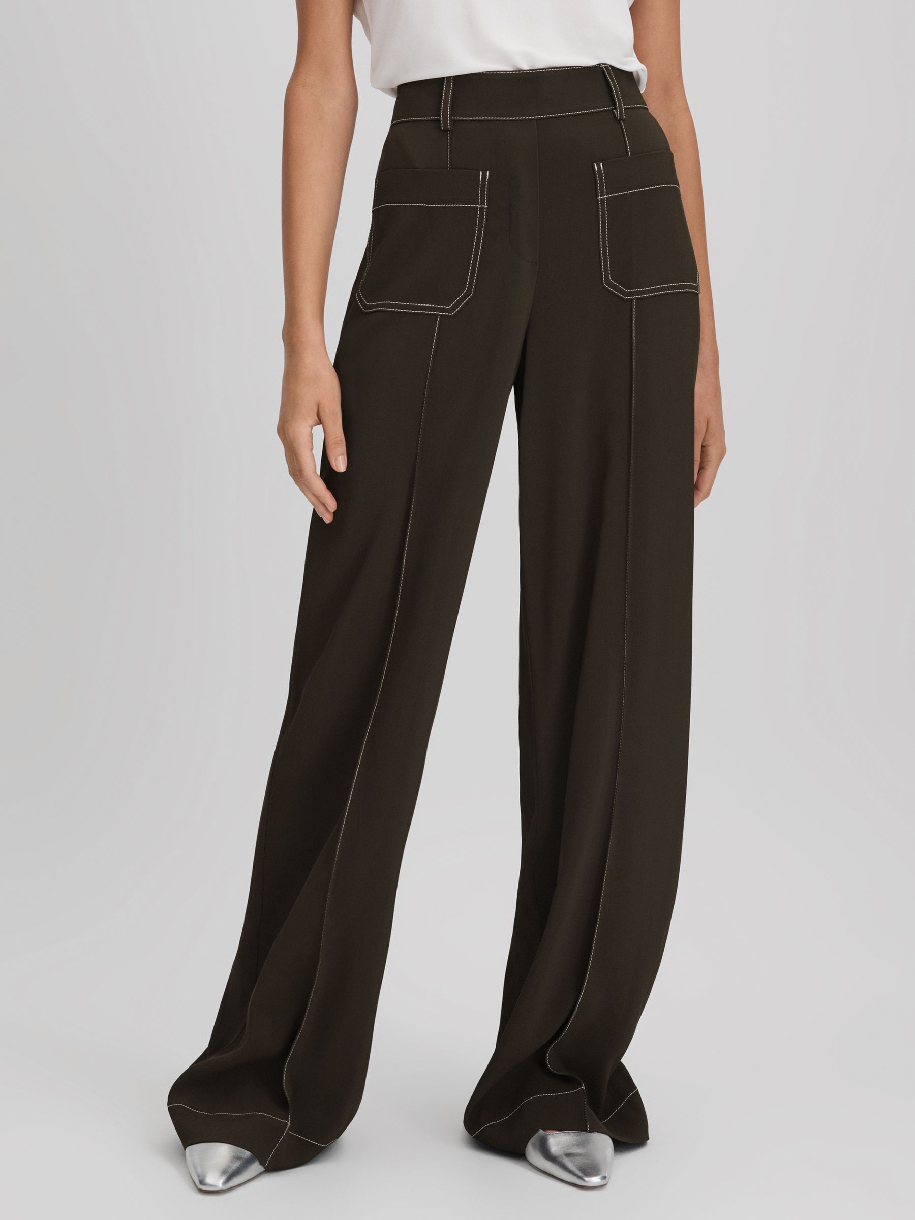 Contrast Stitch Wide Leg Trousers in Khaki - Image 1 of 6