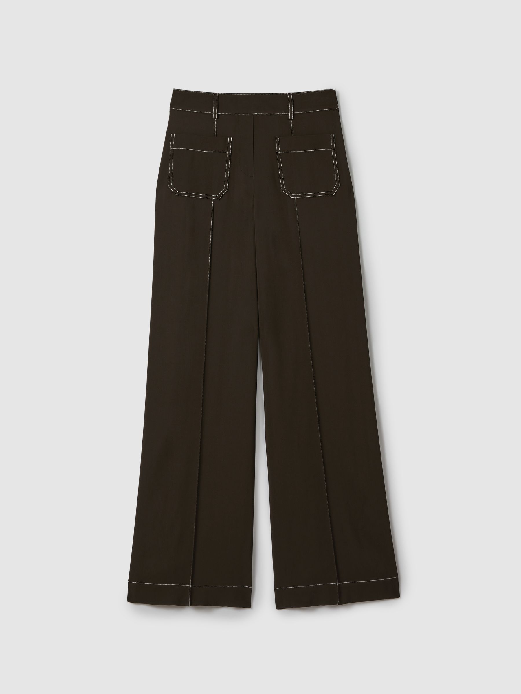 Contrast Stitch Wide Leg Trousers in Khaki - Image 2 of 6