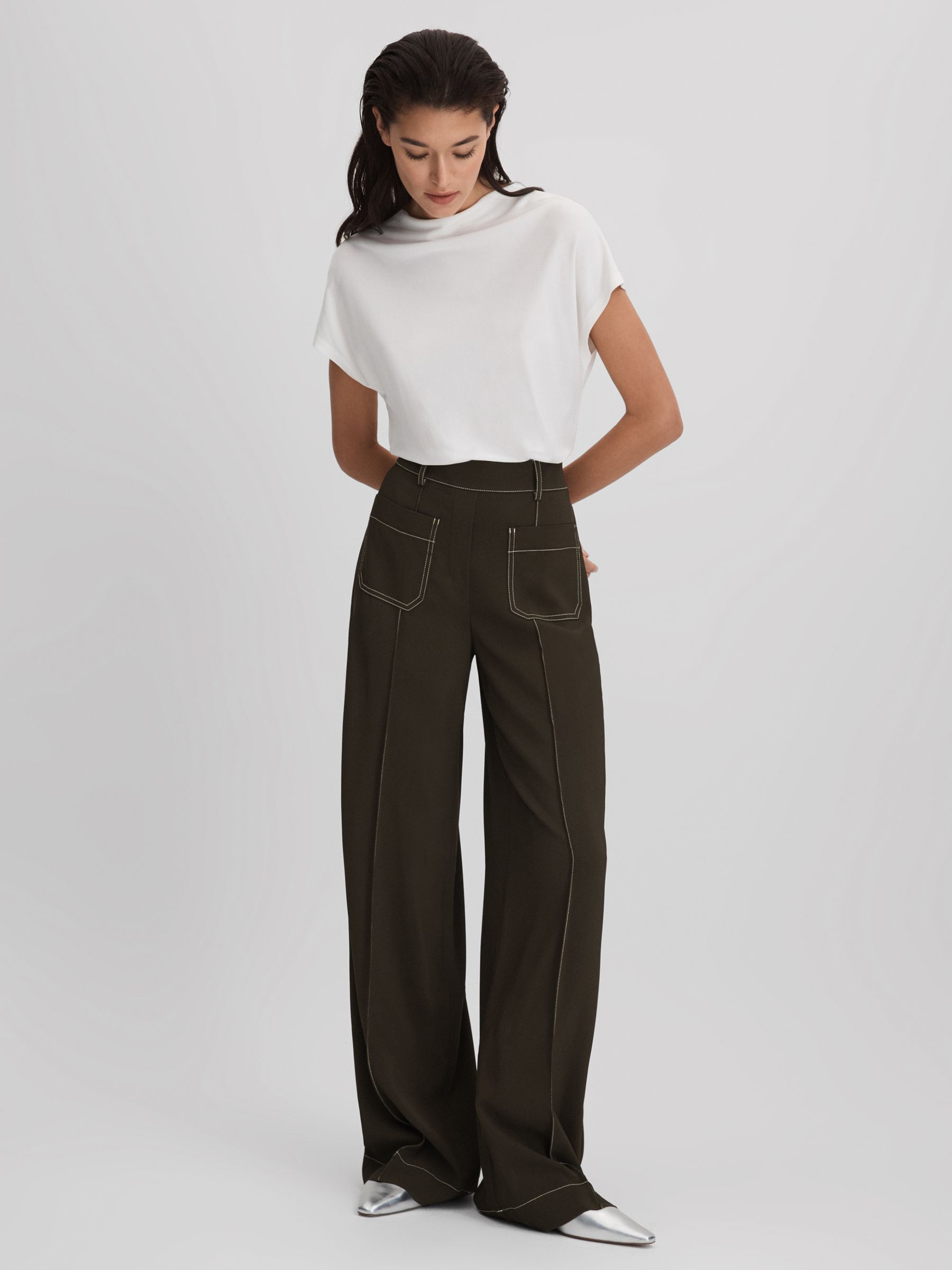 Contrast Stitch Wide Leg Trousers in Khaki - Image 3 of 6