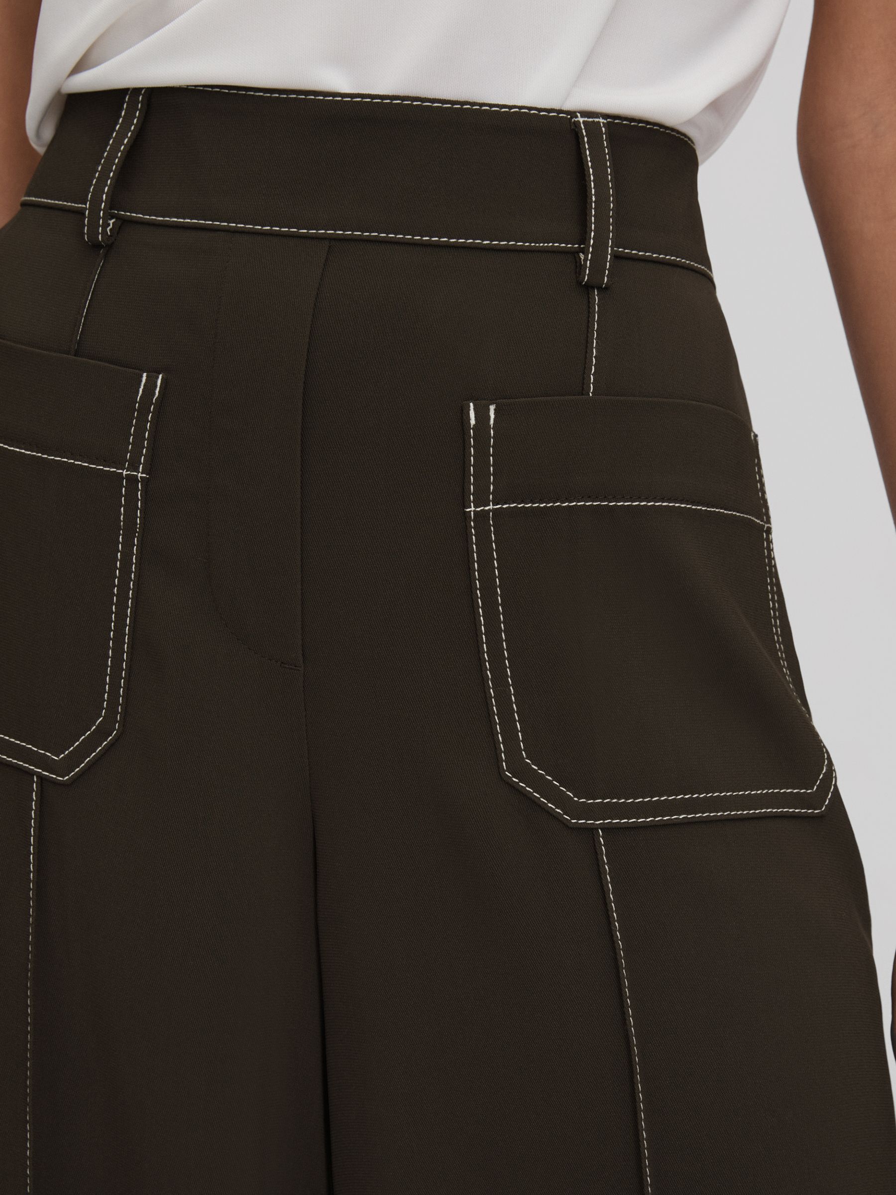 Contrast Stitch Wide Leg Trousers in Khaki - Image 4 of 6