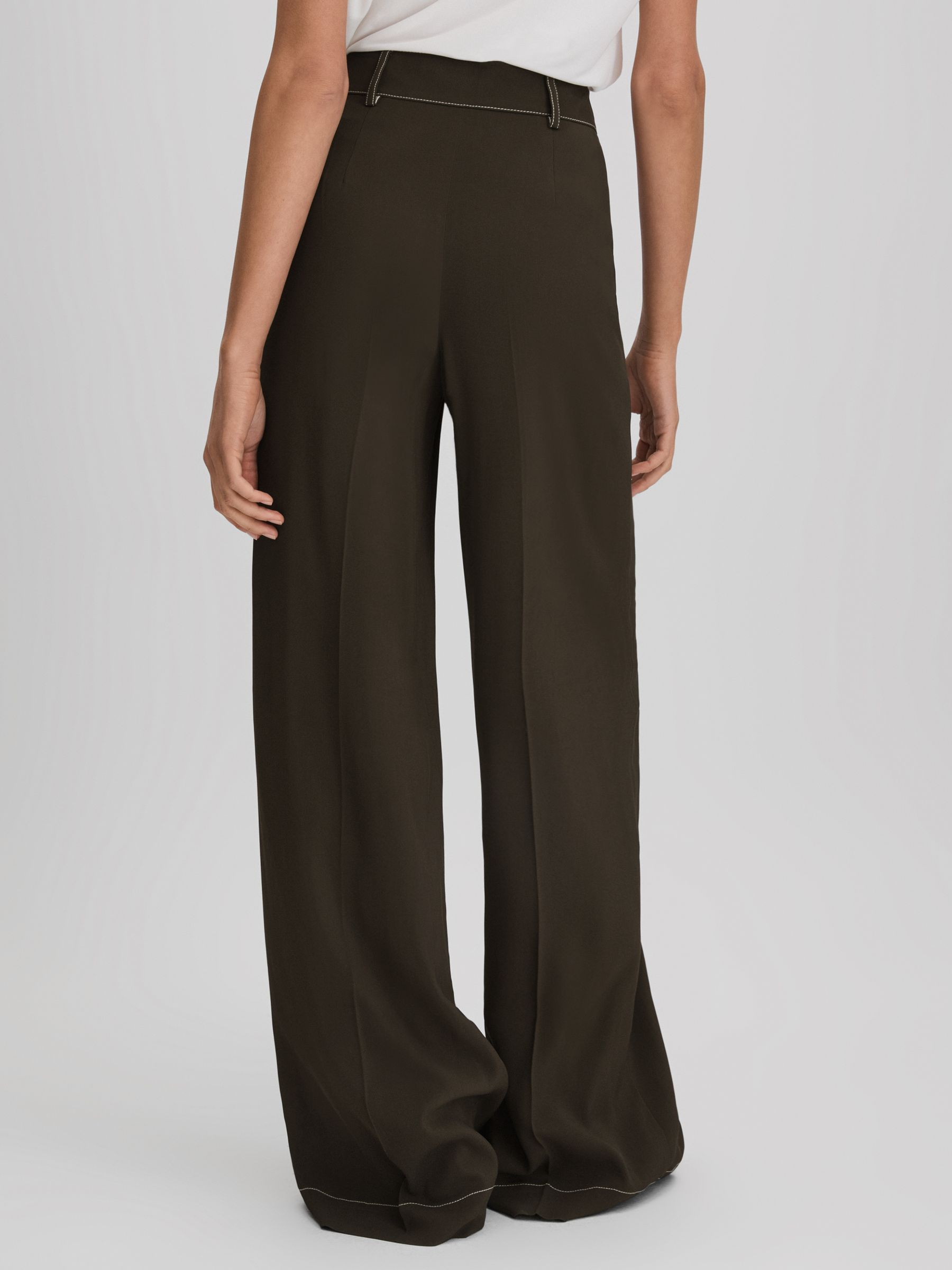 Contrast Stitch Wide Leg Trousers in Khaki - Image 5 of 6