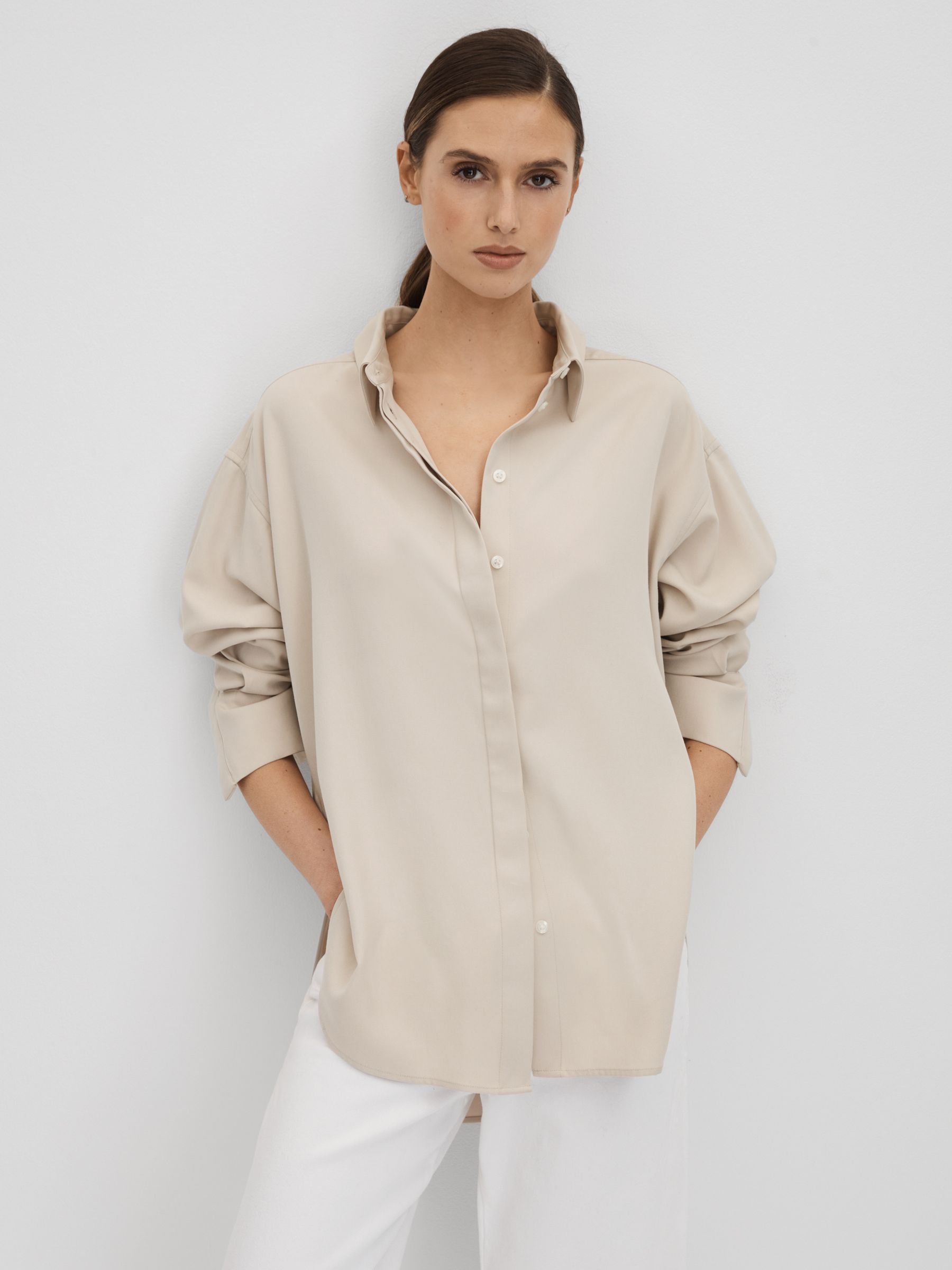 Split Hem Button-Through Shirt in Nude - Image 1 of 6