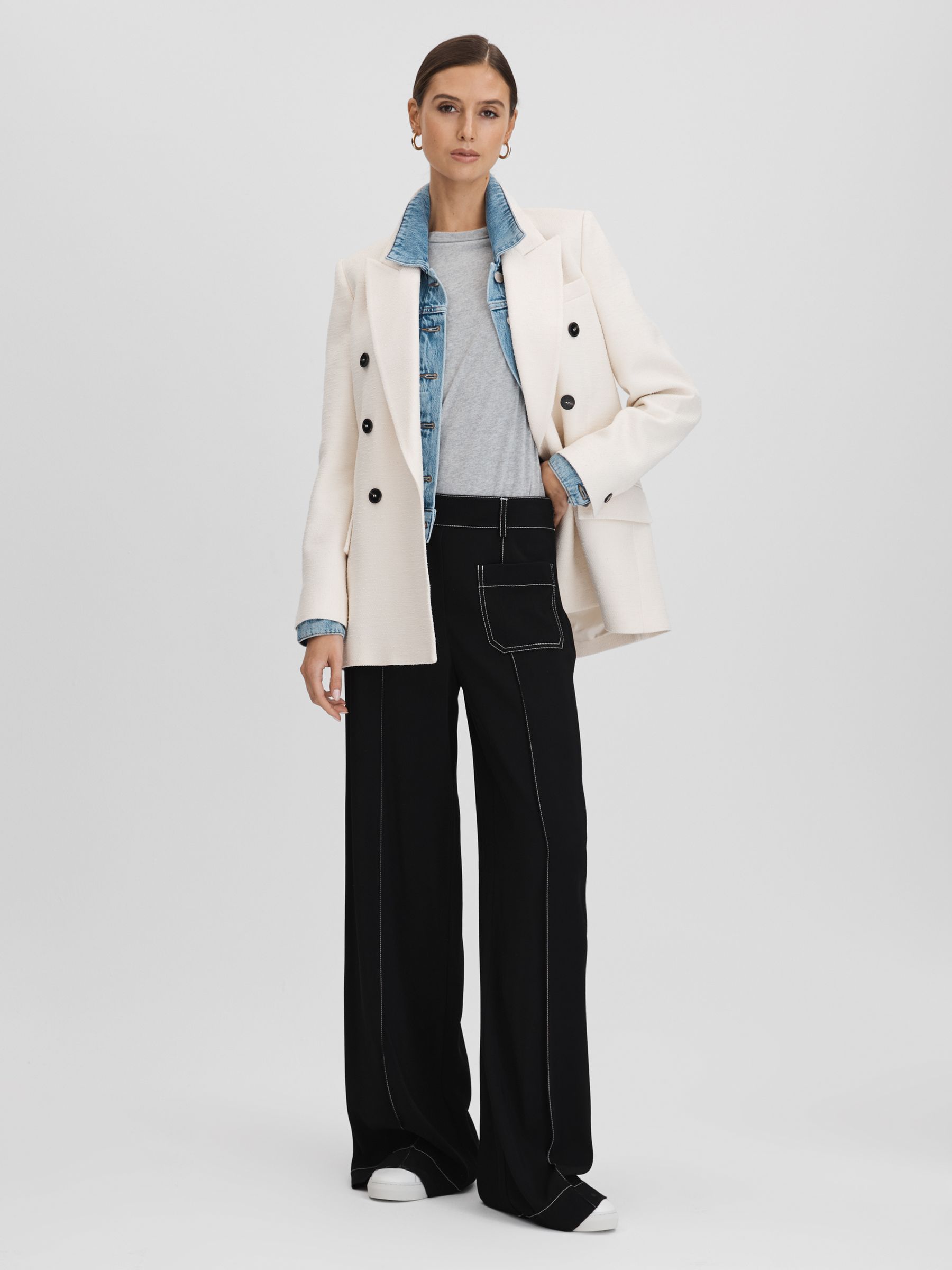Petite Contrast Stitch Wide Leg Trousers in Black - Image 3 of 6