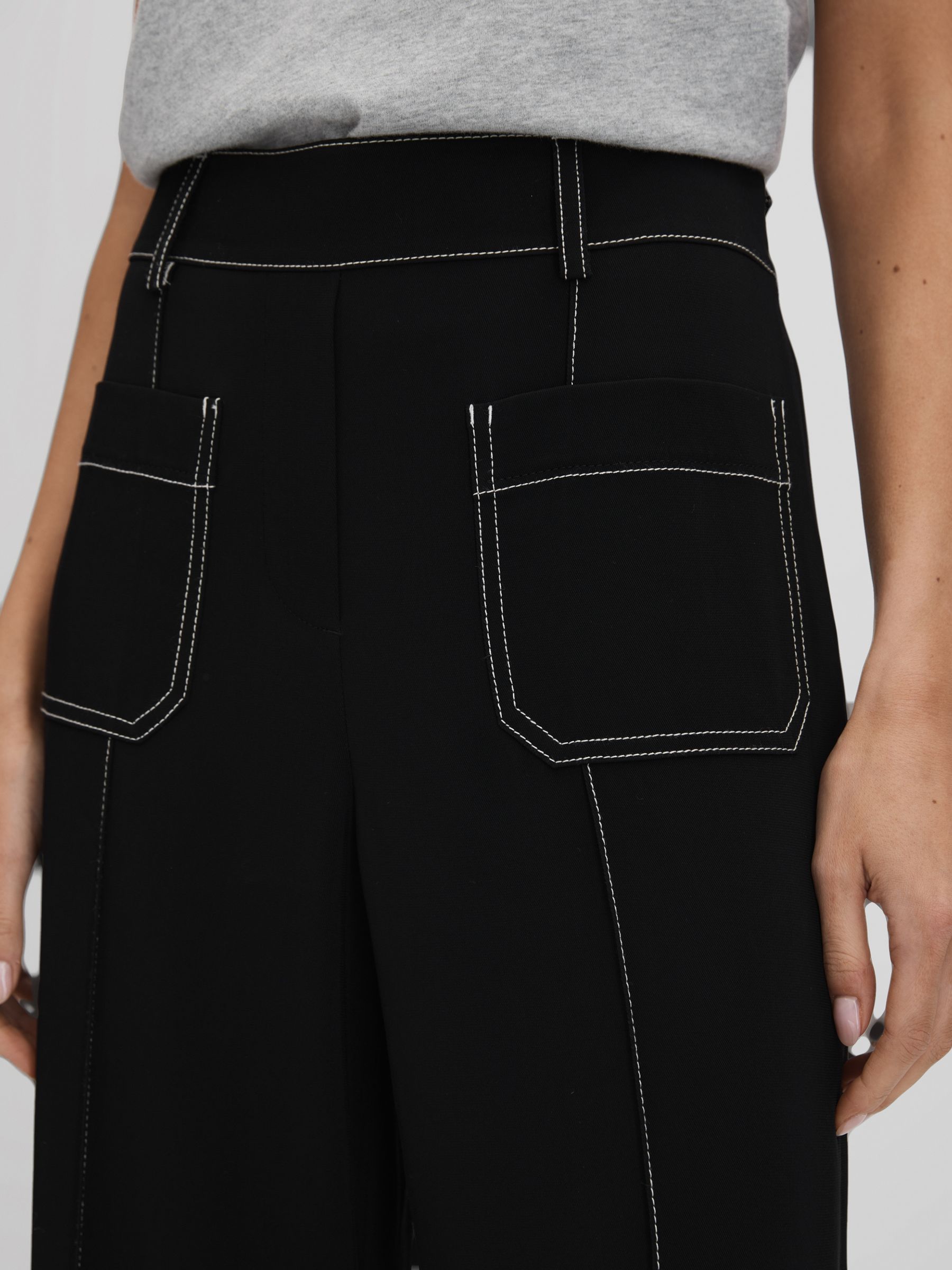 Petite Contrast Stitch Wide Leg Trousers in Black - Image 4 of 6