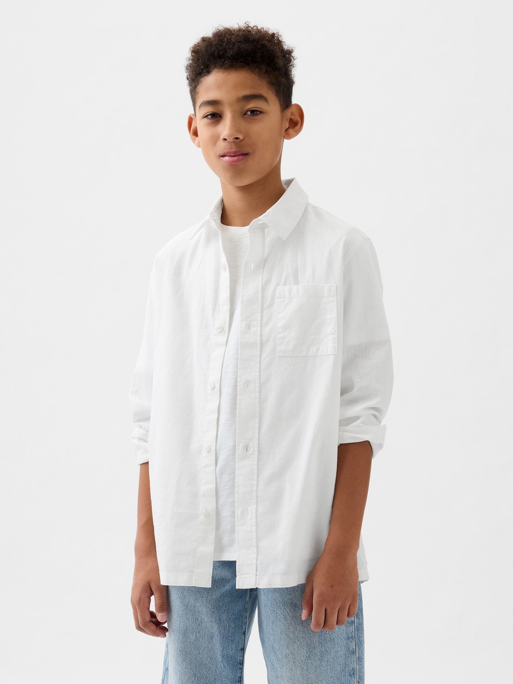 White Linen Blend Long Sleeve Oxford Shirt (4-13yrs) - Image 1 of 3