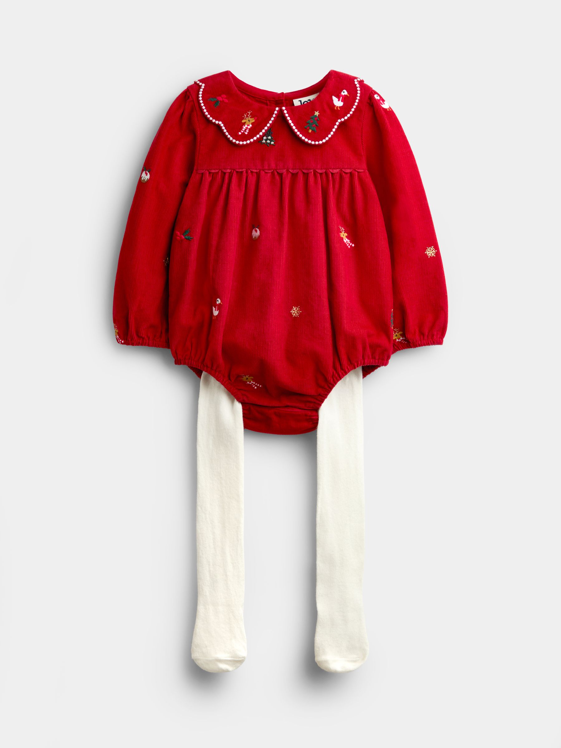 Red Christmas Embroidered Bubble & Tights Set - Image 1 of 6 Red Christmas Embroidered Bubble & Tights Set - Image 1 of 6