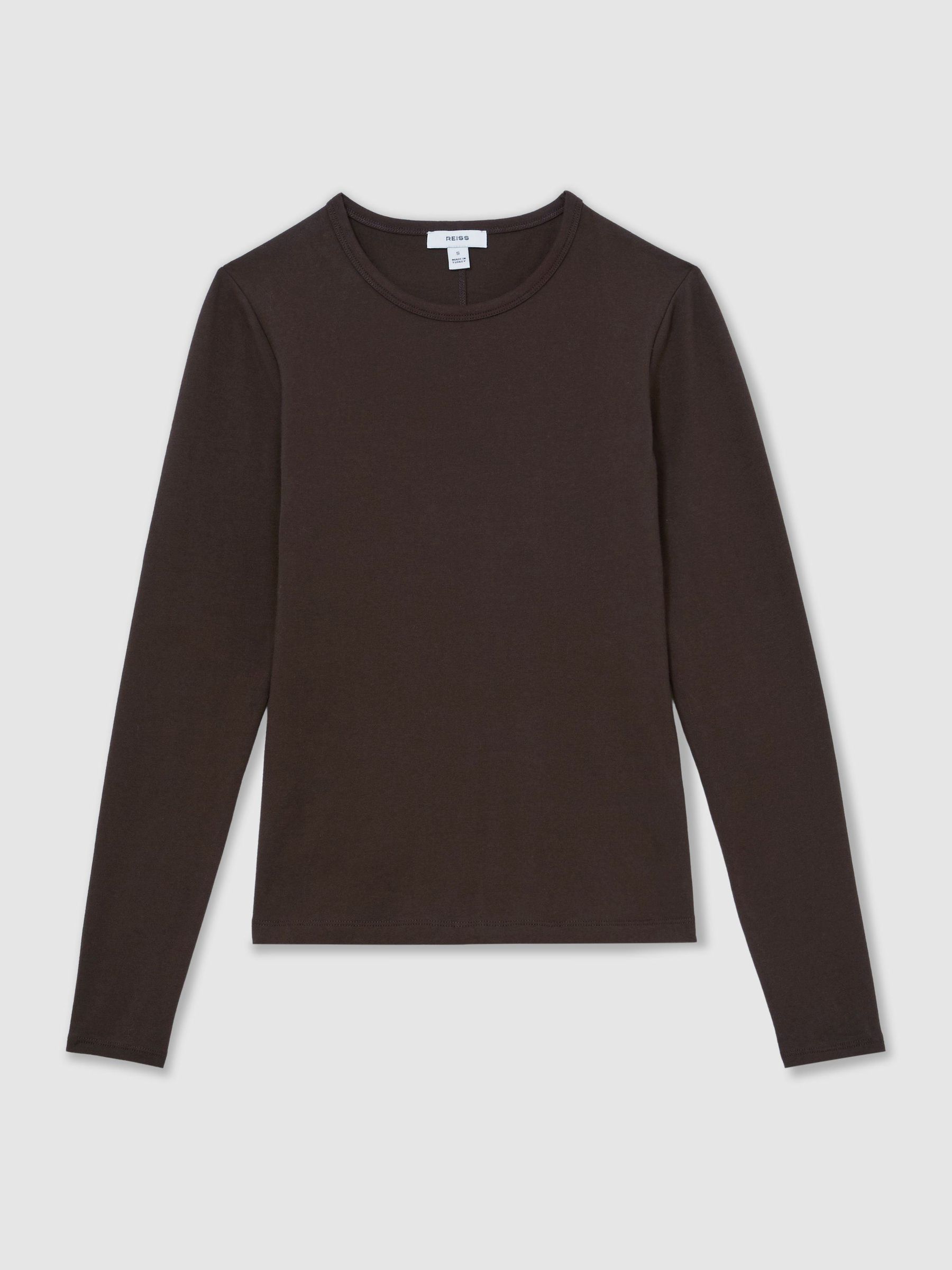 Cotton Crew-Neck Long-Sleeve T-Shirt With Stretch in Chocolate Brown - Image 2 of 6