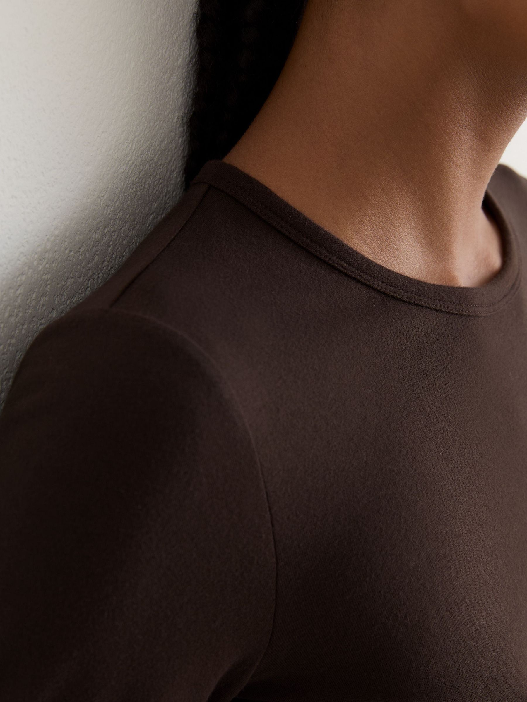 Cotton Crew-Neck Long-Sleeve T-Shirt With Stretch in Chocolate Brown - Image 3 of 6