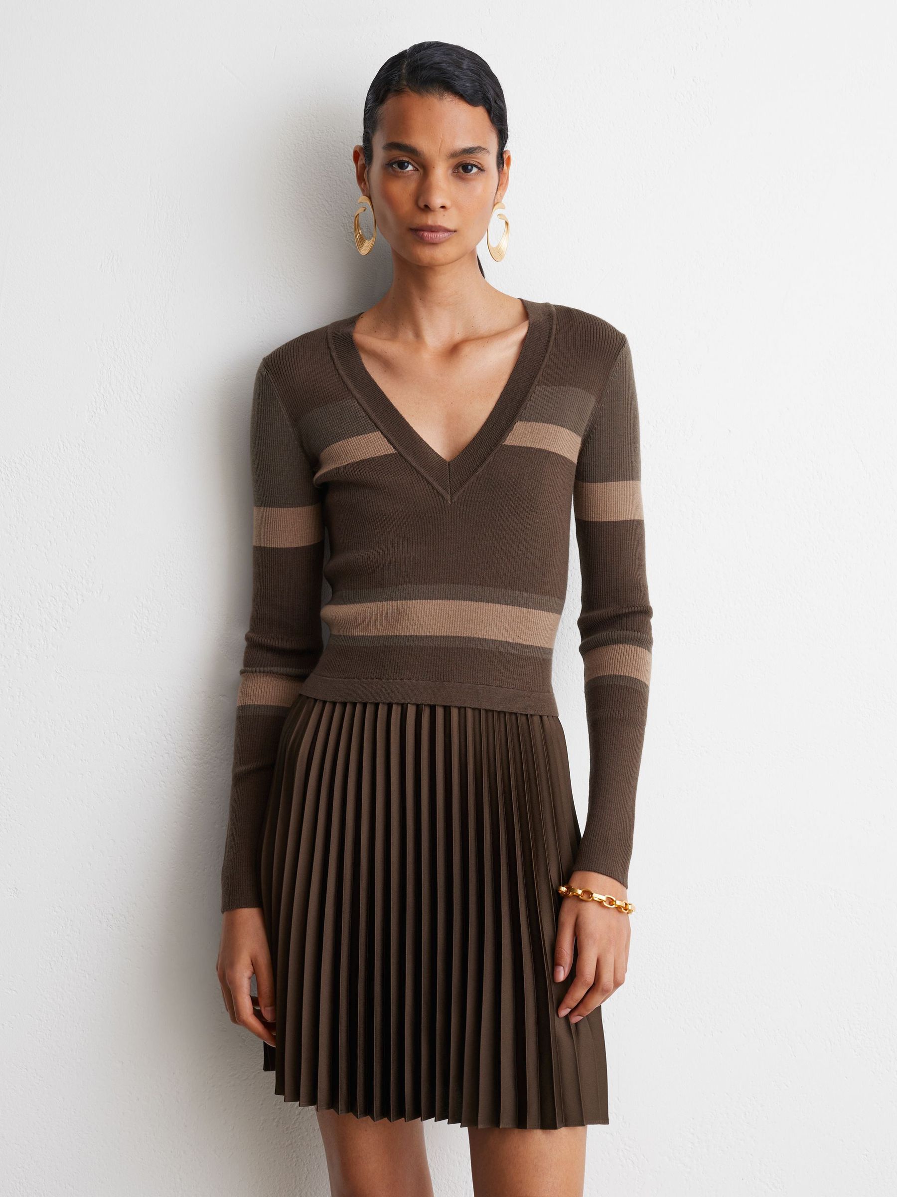 Striped Knit Mix Pleated Mini Dress in Chocolate Brown - Image 1 of 7