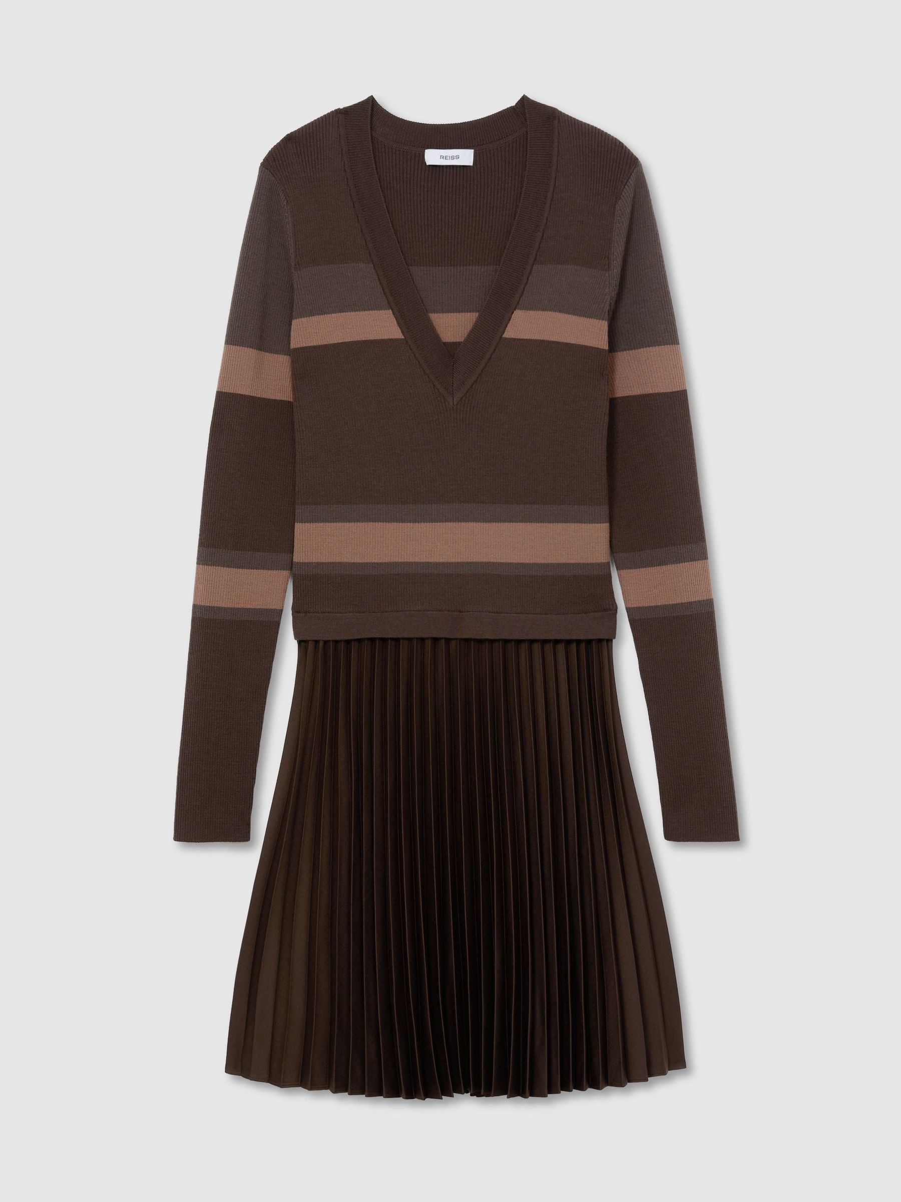Striped Knit Mix Pleated Mini Dress in Chocolate Brown - Image 2 of 7
