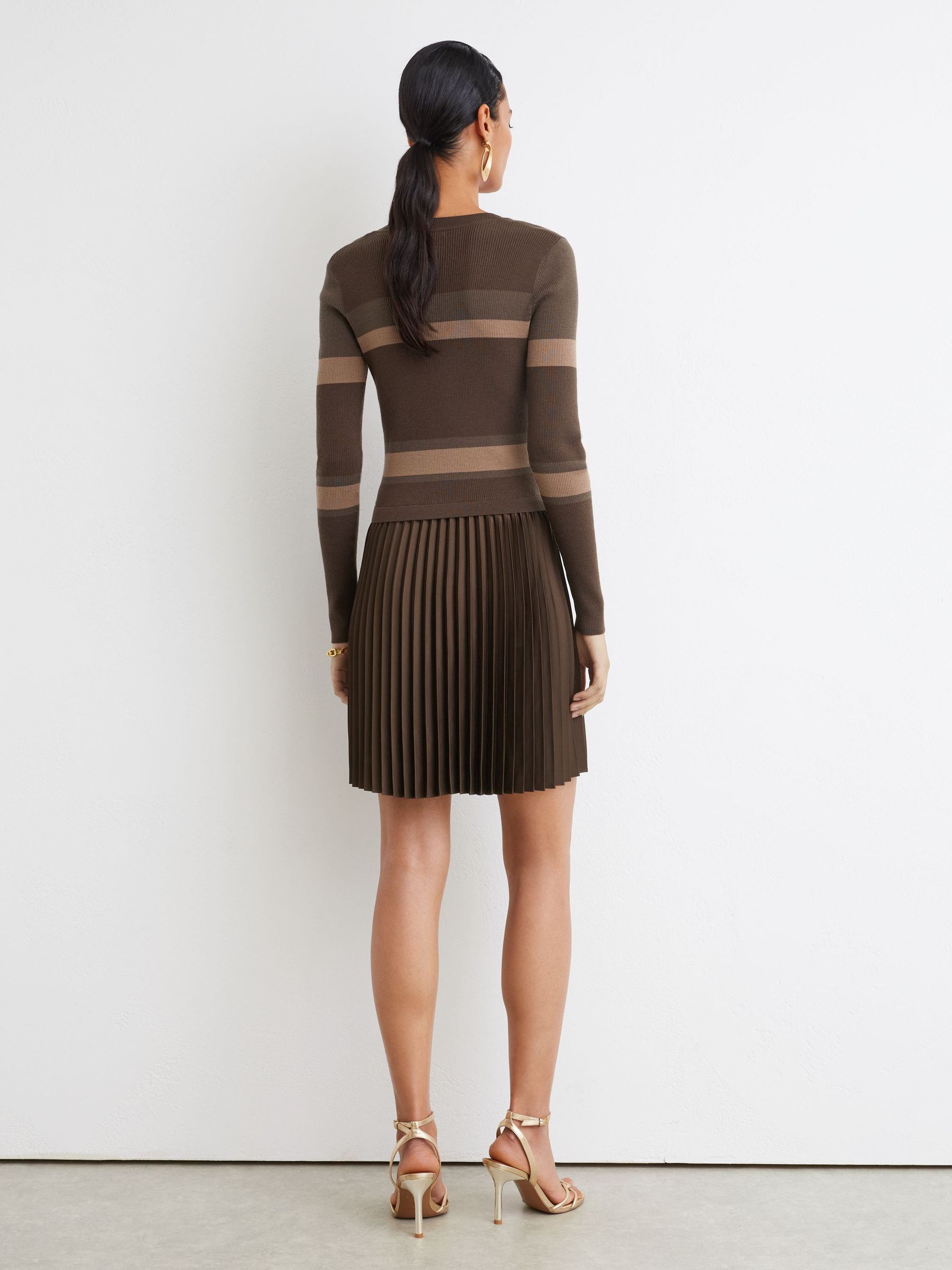 Striped Knit Mix Pleated Mini Dress in Chocolate Brown - Image 6 of 7