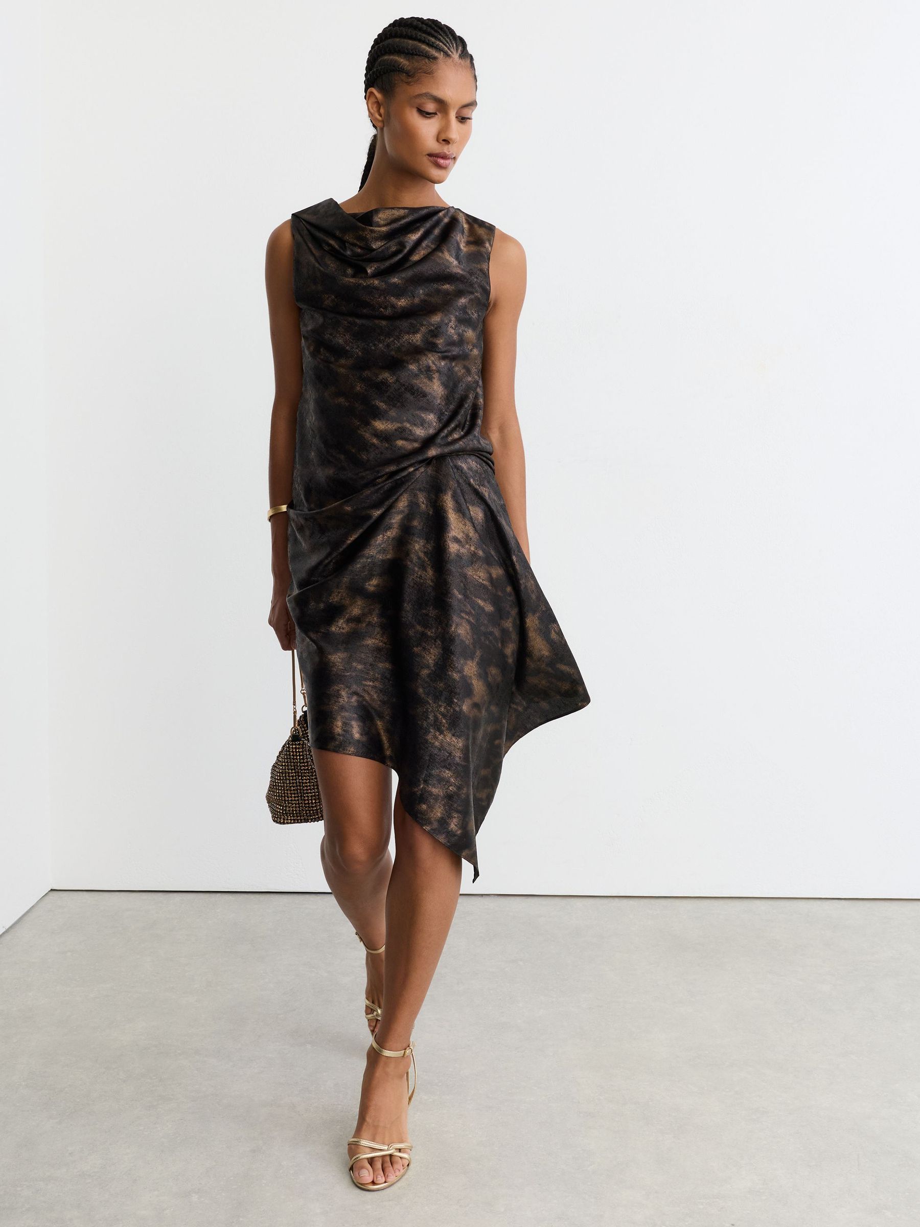 Metallic-Thread Printed Draped Mini Dress in Black/Gold - Bild 3 von 8