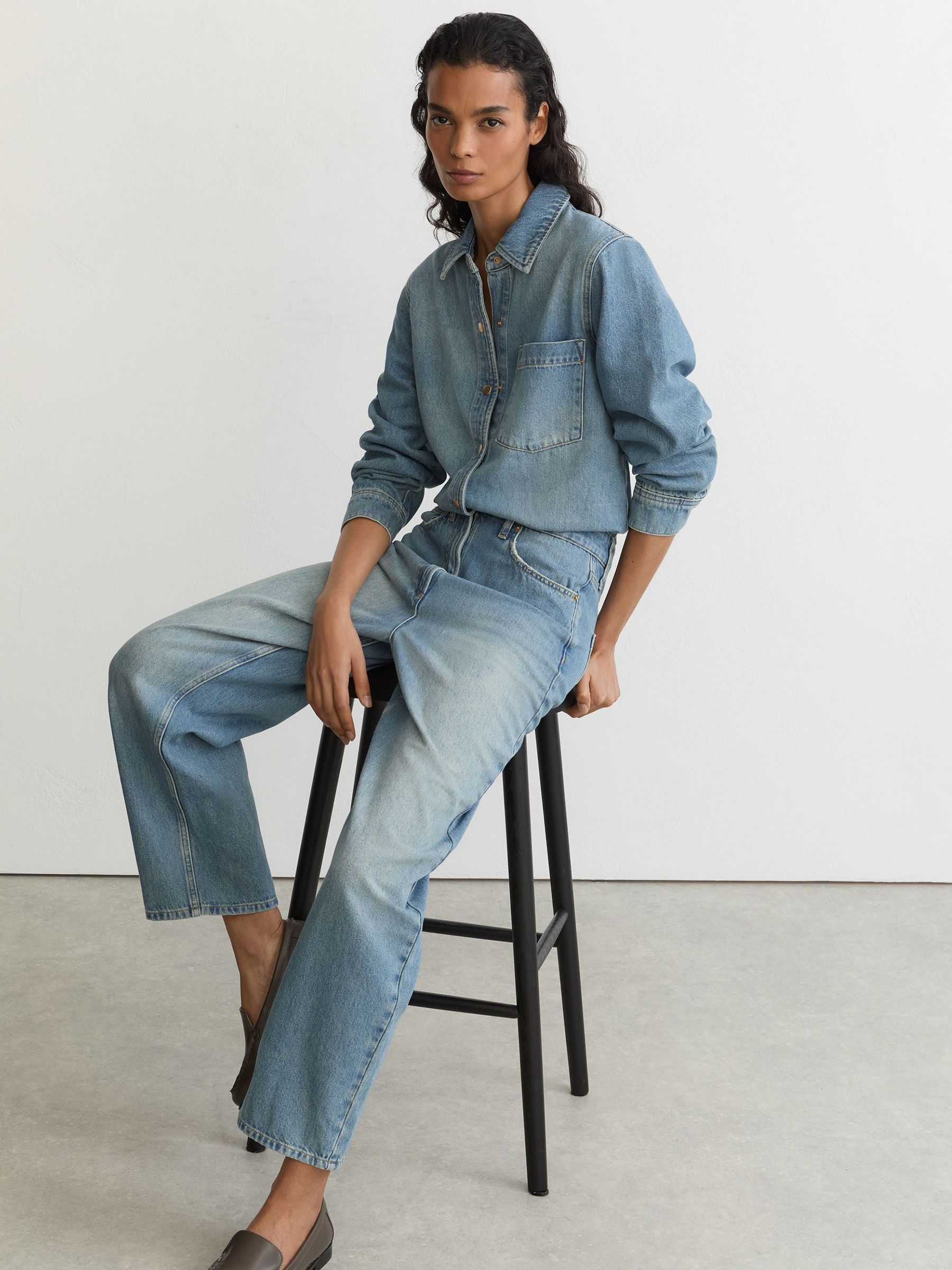 Relaxed Long-Sleeve Denim Jumpsuit in Light Wash Blue - Image 1 of 8