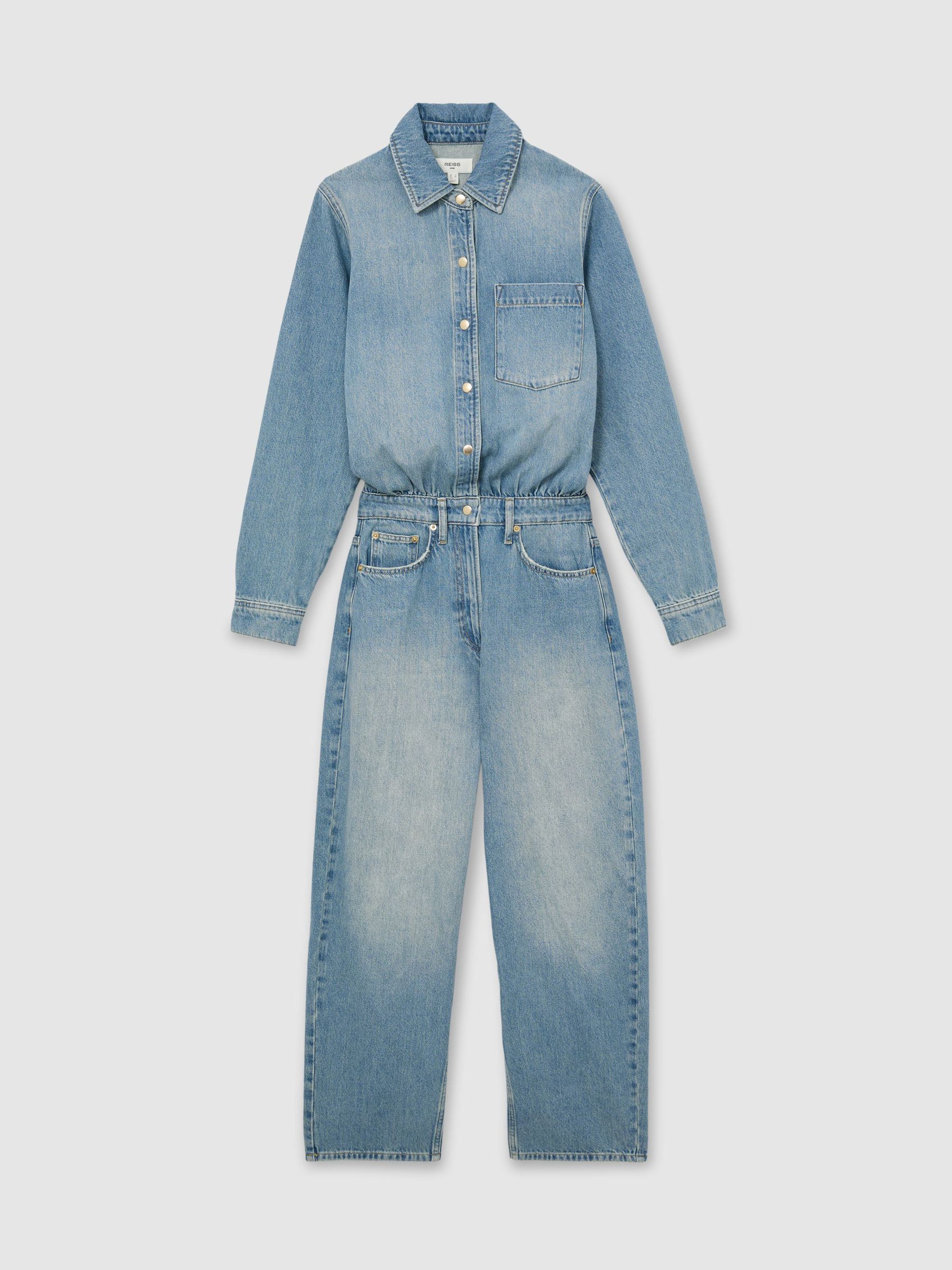 Relaxed Long-Sleeve Denim Jumpsuit in Light Wash Blue - Image 2 of 8