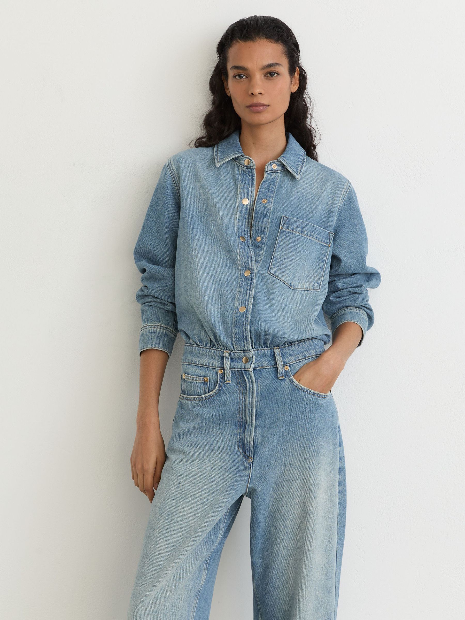 Relaxed Long-Sleeve Denim Jumpsuit in Light Wash Blue - Image 4 of 8