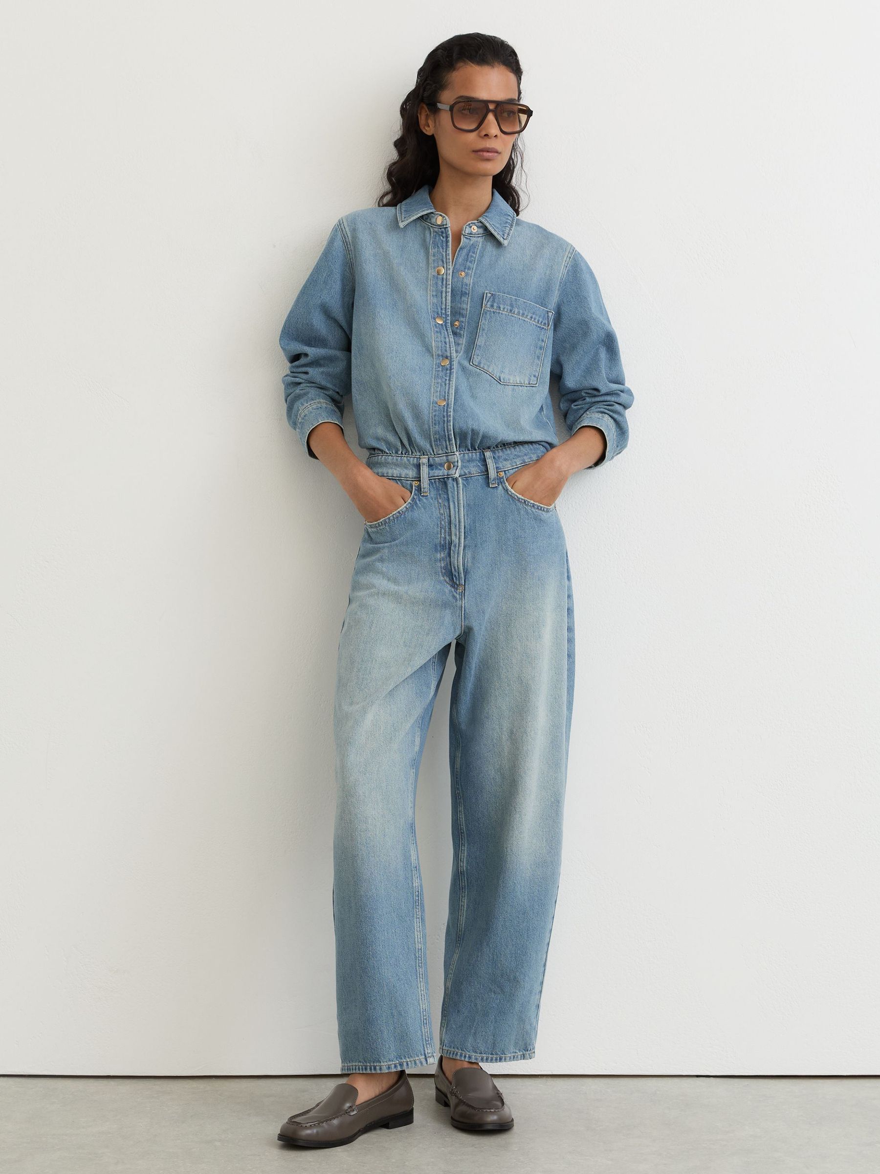 Relaxed Long-Sleeve Denim Jumpsuit in Light Wash Blue - Image 6 of 8