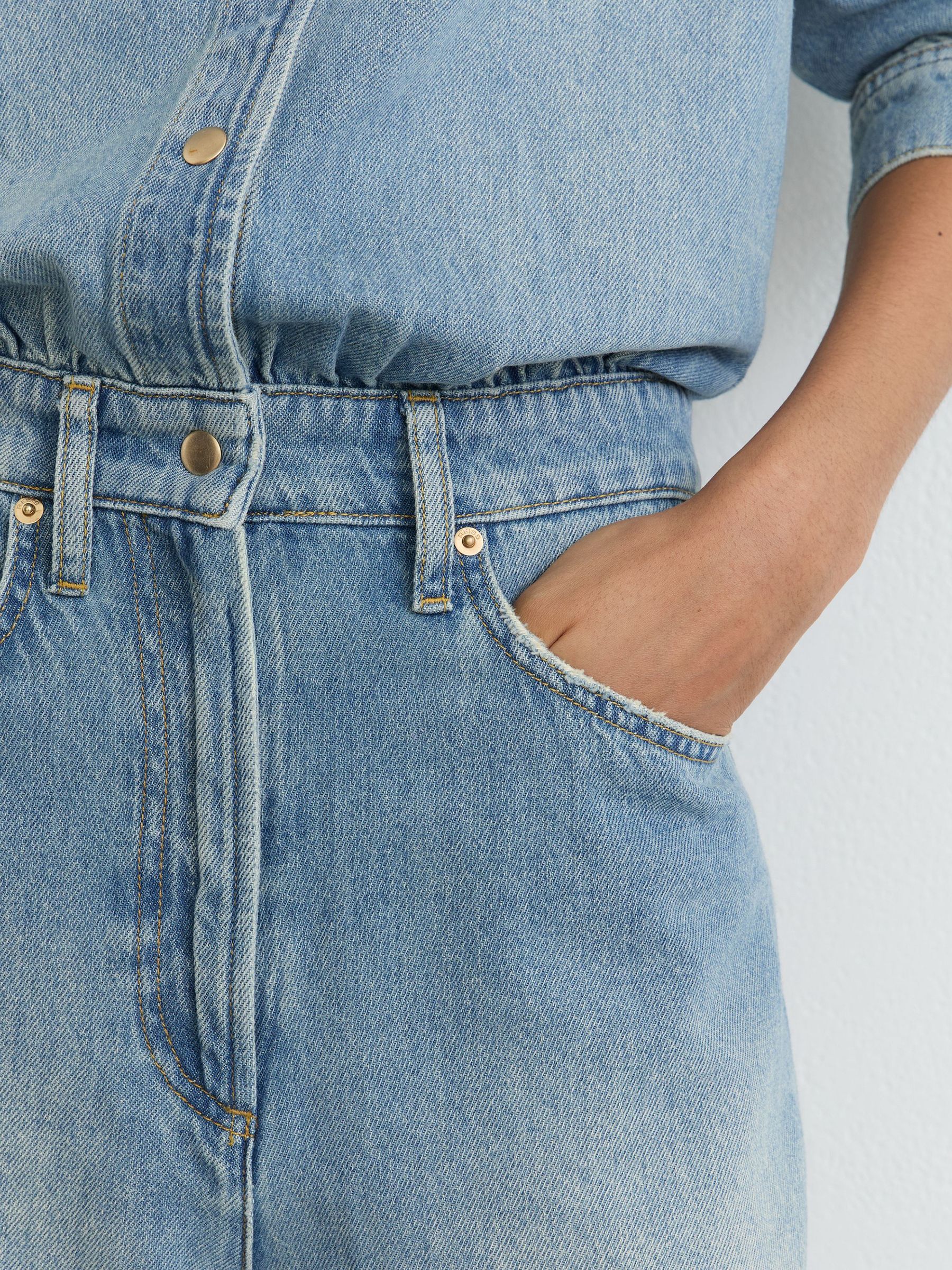 Relaxed Long-Sleeve Denim Jumpsuit in Light Wash Blue - Image 7 of 8