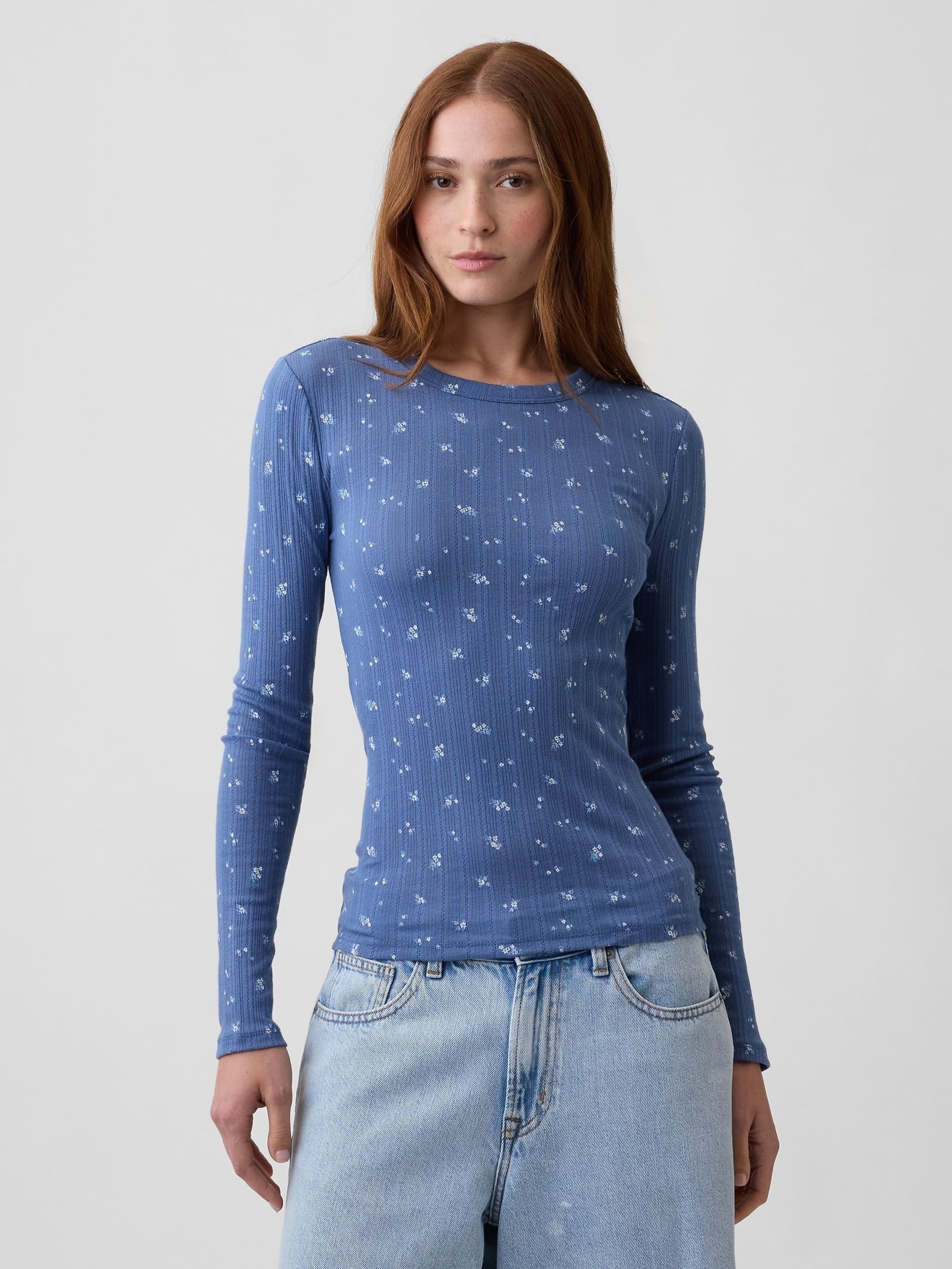 Blue Essential Ribbed Pointelle Long Sleeve  T-Shirt - Image 1 of 5