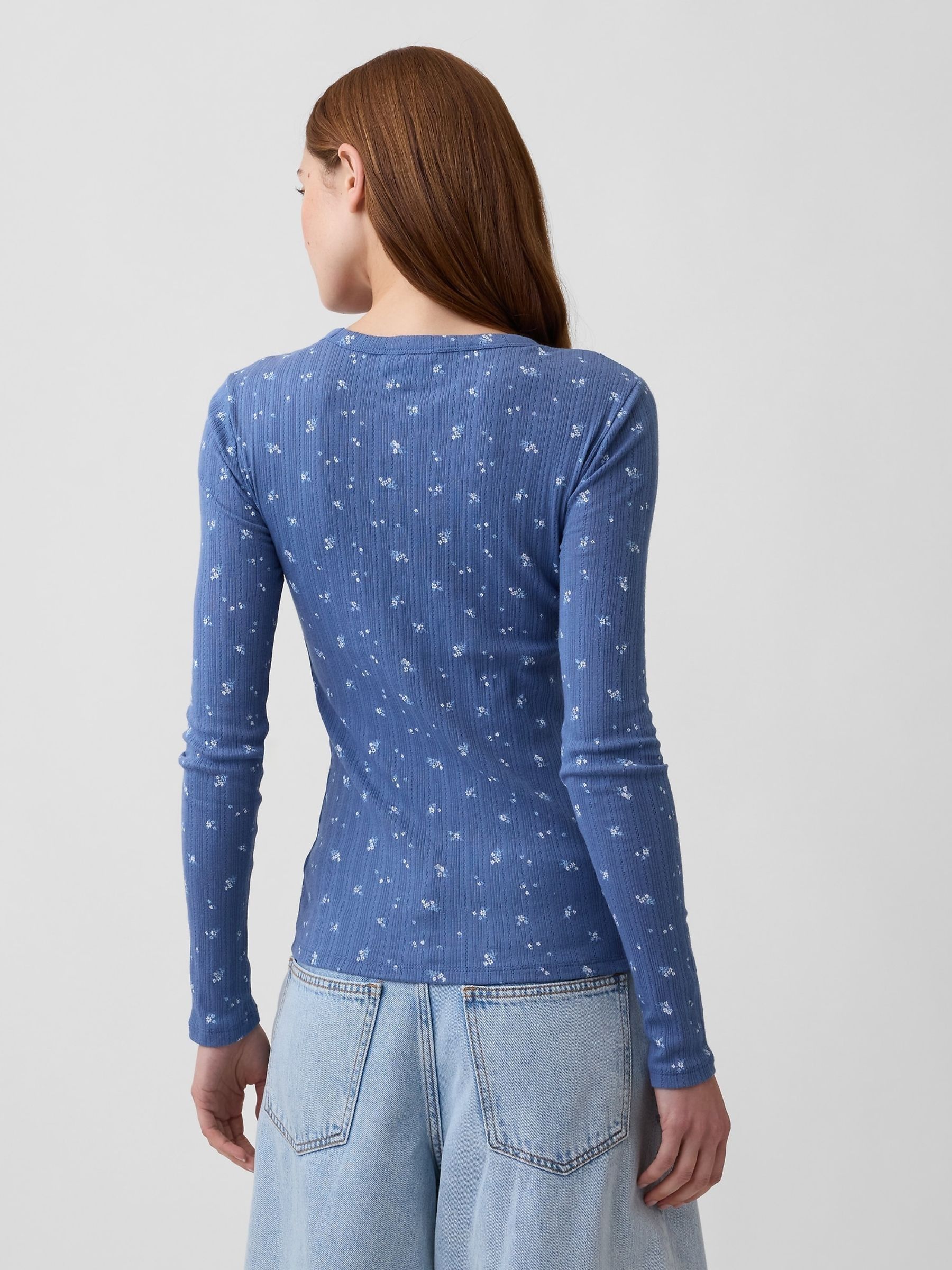Blue Essential Ribbed Pointelle Long Sleeve  T-Shirt - Image 2 of 5
