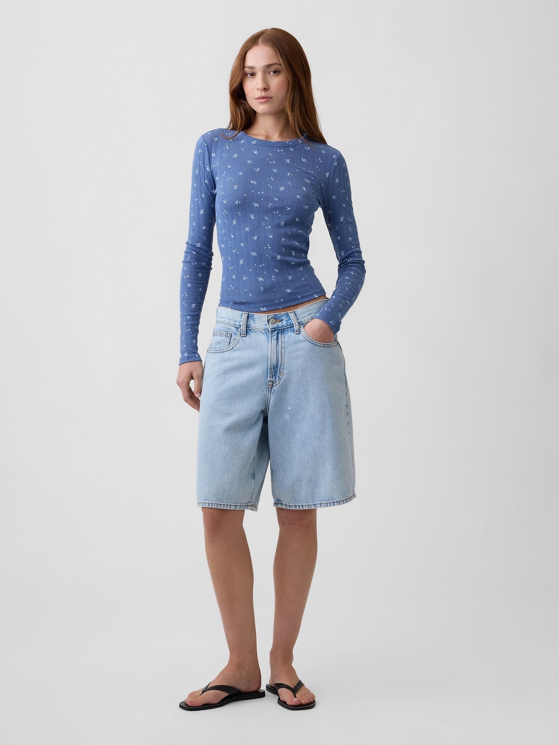 Blue Essential Ribbed Pointelle Long Sleeve  T-Shirt - Image 3 of 5