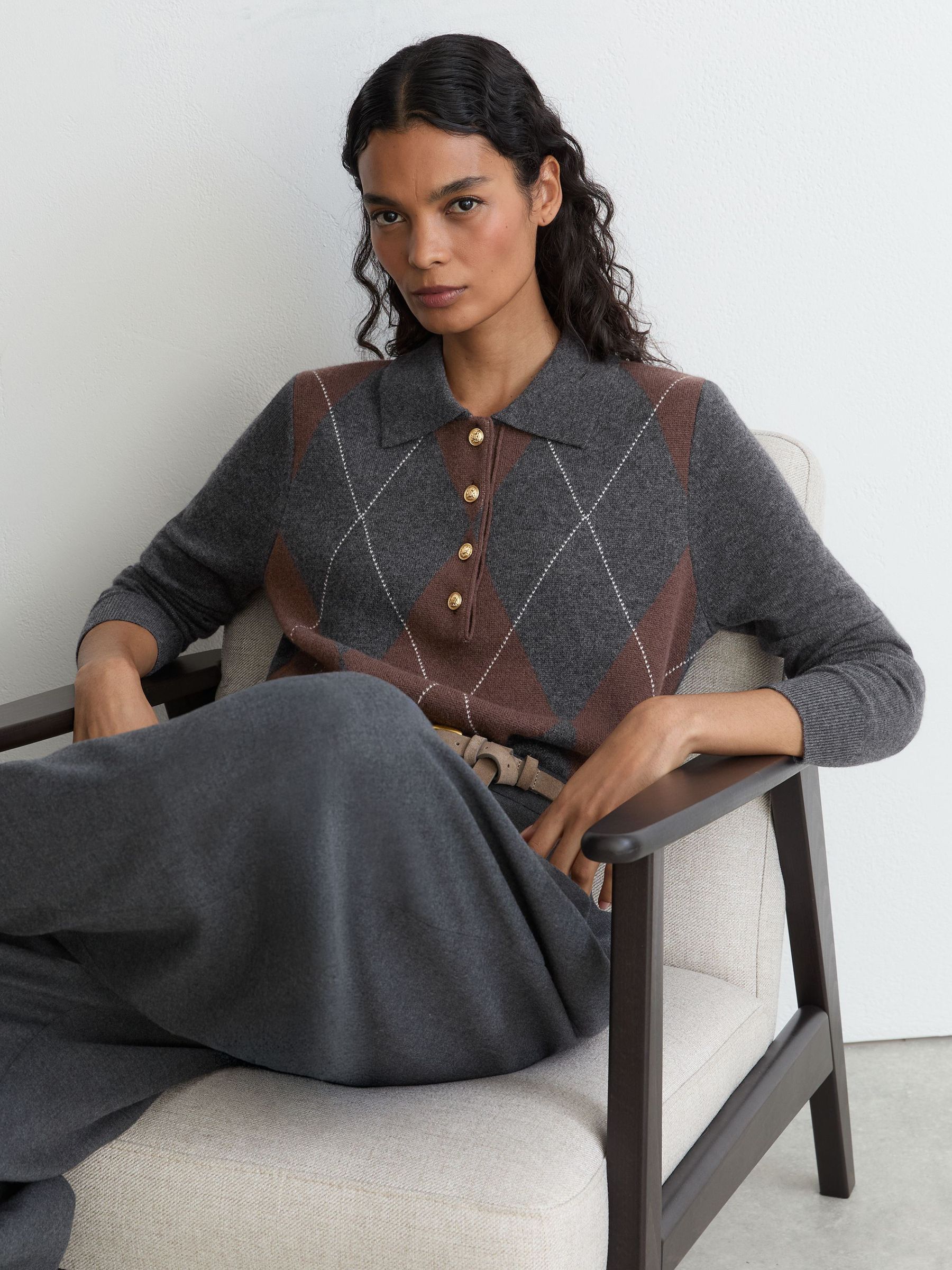 Wool-Cashmere Argyle-Knit Polo Jumper in Charcoal Grey - Image 1 of 6