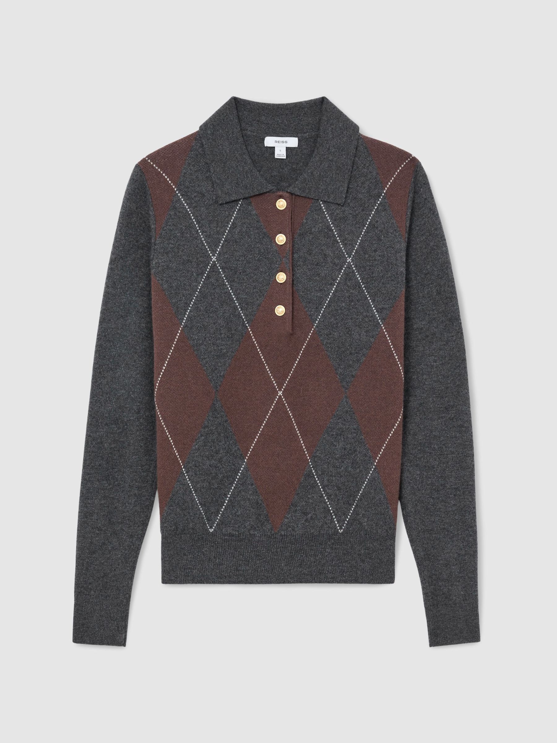 Wool-Cashmere Argyle-Knit Polo Jumper in Charcoal Grey - Image 2 of 6