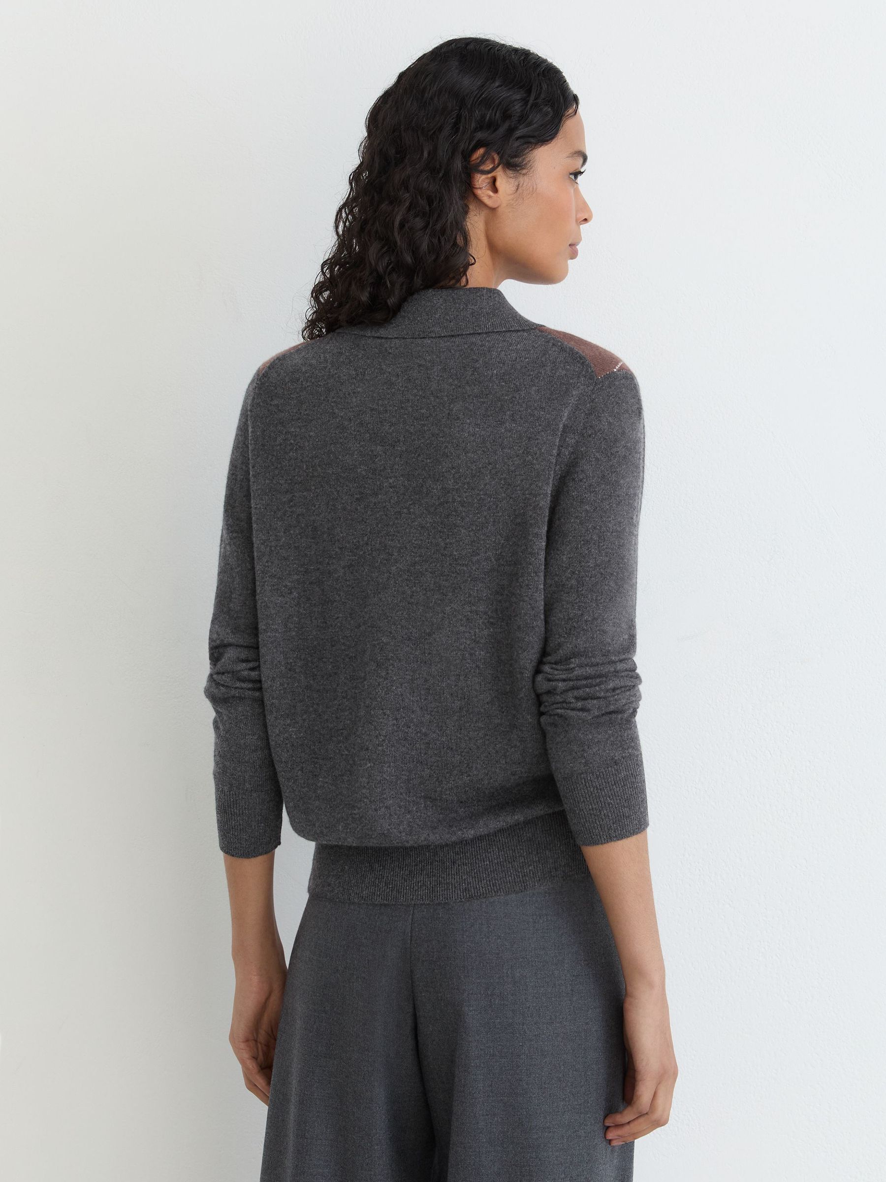 Wool-Cashmere Argyle-Knit Polo Jumper in Charcoal Grey - Image 3 of 6