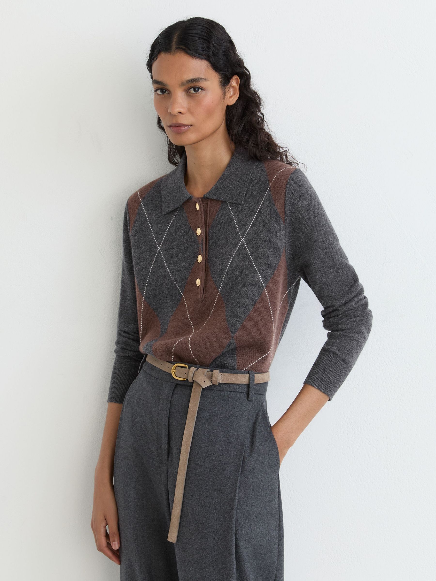 Wool-Cashmere Argyle-Knit Polo Jumper in Charcoal Grey - Image 4 of 6